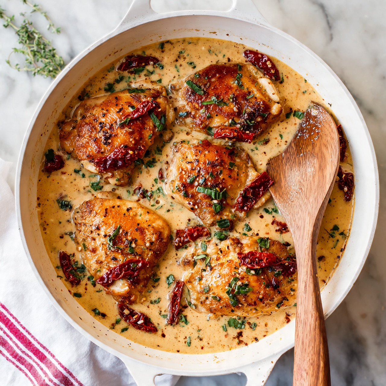 The image shows a white pan with four golden brown cooked chicken pieces in a creamy light brown sauce. There are thin strips of dark red sun-dried tomatoes and green chopped herbs scattered throughout the sauce. A light wooden spoon rests on the right edge inside the pan. The pan is placed on a white marbled surface with some scattered green herbs and a white cloth with red stripes partially visible at the bottom left. photo taken with an iphone --ar 4:5 --v 7