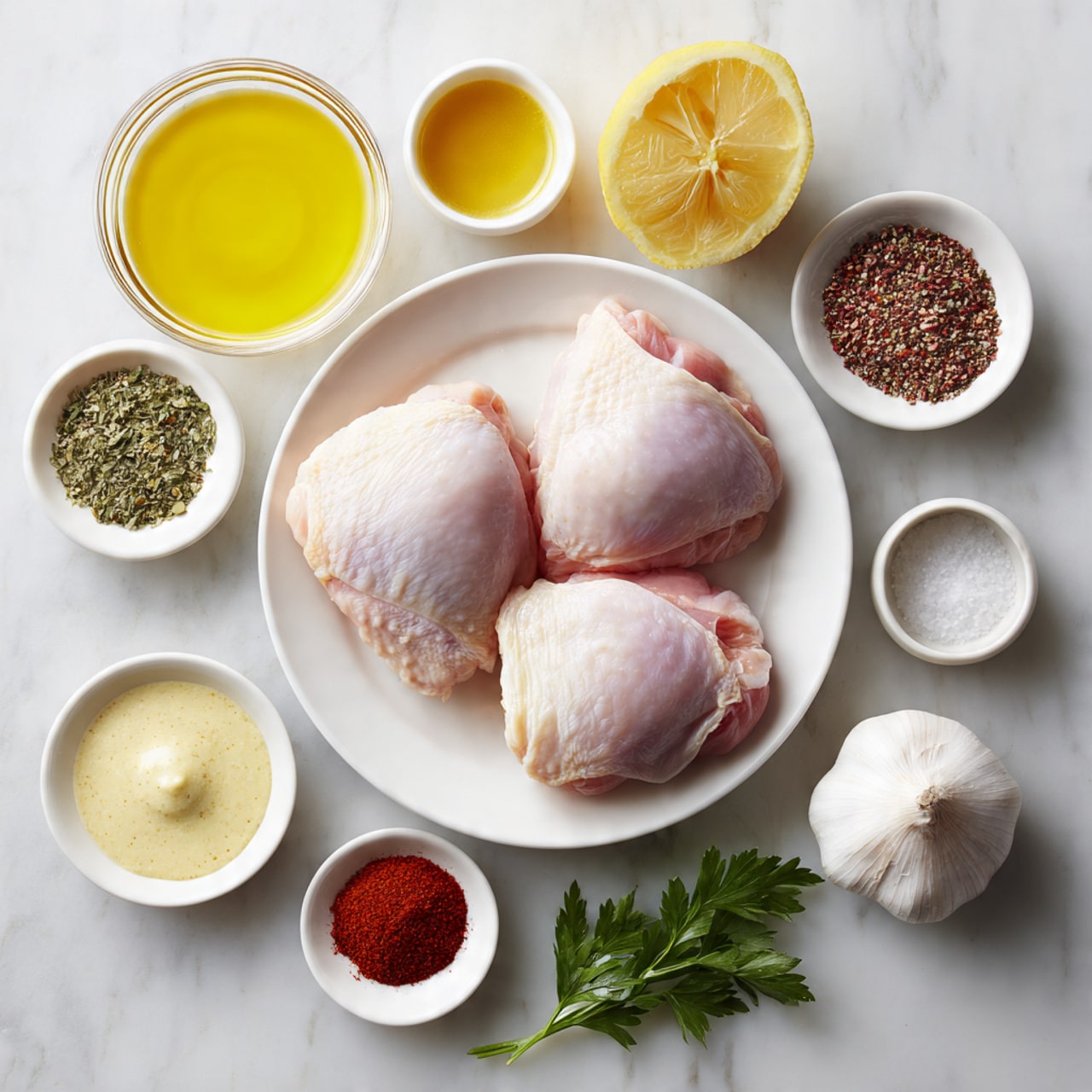 A white round plate sits in the center on a white marbled surface, holding three raw chicken thighs with light pink smooth skin side up, arranged slightly overlapping in a neat row. Around the plate are eight small white dishes each filled with different ingredients: a lemon half, golden olive oil, a creamy sauce, bright red paprika powder, mixed peppercorns, coarse salt, fresh green parsley, and a whole garlic bulb. The colors are soft and natural, showcasing freshness and preparation for cooking. The scene is bright and clean, with a clear focus on the raw chicken thighs and the fresh seasonings. photo taken with an iphone --ar 4:5 --v 7