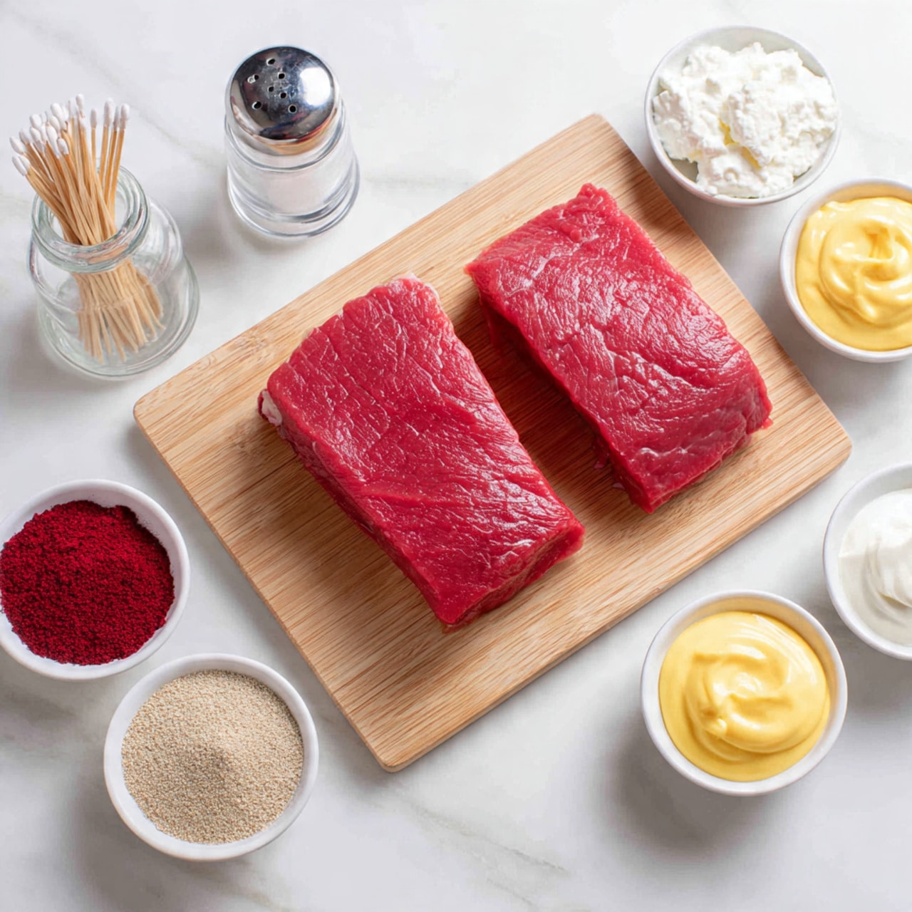 The image shows two raw red meat pieces with a smooth texture placed side by side on a light wooden cutting board, which sits on a white marbled surface. To the top right of the meat are small white bowls filled with white cottage cheese, thick white sour cream, and yellow mayonnaise, each bowl having a clean and simple look. On the left are three small white bowls containing deep red powder, light brown powder, and granulated light brown substance, arranged neatly. Behind the cutting board, there is a small salt shaker and a small glass jar with toothpicks. The overall setting is clean and bright with soft natural light. Photo taken with an iphone --ar 4:5 --v 7