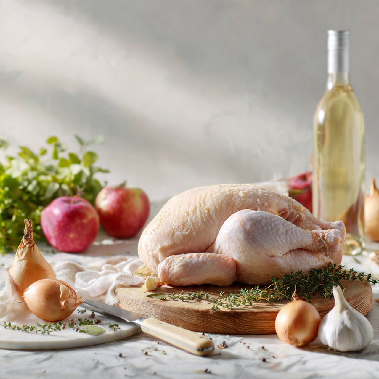 The image shows a whole raw chicken placed on a small round wooden board, resting on a white marbled surface. Around the chicken, there are fresh green herbs to the left and a peeled garlic bulb with cloves and a bottle of white wine nearby. Further back, there are two red apples, a shallot, and an onion cut in half on a white chopping board. A woman's hand is holding a knife near the chicken. The scene is bright and natural, with a fresh and clean look. Photo taken with an iphone --ar 4:5 --v 7