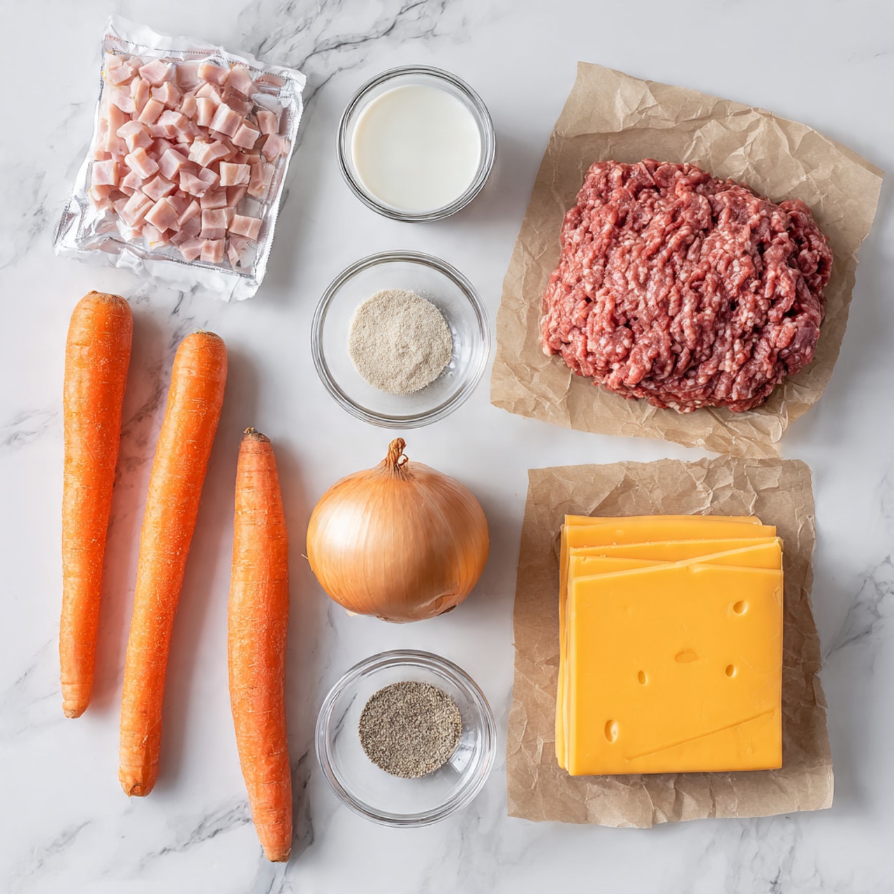 The image shows ingredients for a meal arranged neatly on a white marbled surface. There are two fresh orange carrots placed side by side on the left. Next to the carrots is a small packet of diced ham. Towards the top center, there is a small glass bowl with a white liquid, likely milk, and beside it, two small glass bowls containing different spices, one light beige and the other grayish. There is a medium-sized unpeeled onion positioned near the center. On the right side, fresh raw ground beef sits on brown parchment paper. Below it is a solid block of yellow cheddar cheese. All ingredients are spaced out clearly, highlighting their colors and textures, photo taken with an iphone --ar 4:5 --v 7