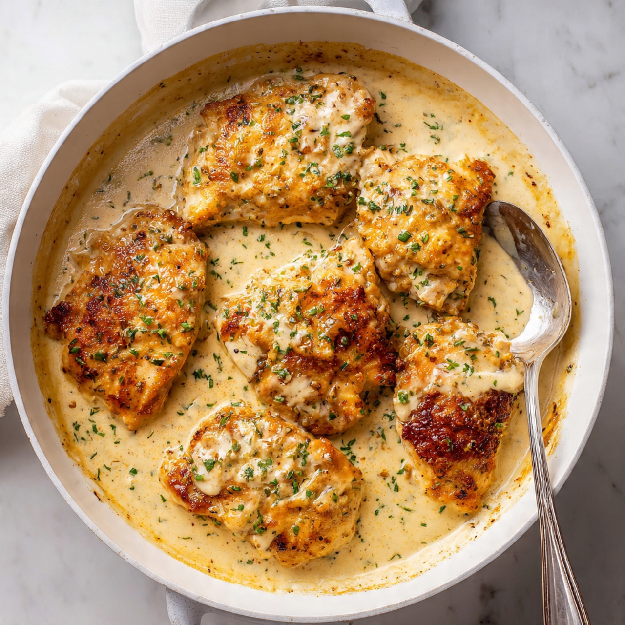 The image shows a white pan filled with four pieces of golden brown chicken partly covered in a thick creamy light beige sauce with small green herb bits sprinkled on top. The chicken pieces have a slightly crispy texture with some browning on the edges, sitting closely together in the creamy sauce that looks smooth and rich. A silver spoon rests inside the pan, partially submerged in the sauce, and the background is a white marbled surface. photo taken with an iphone --ar 4:5 --v 7