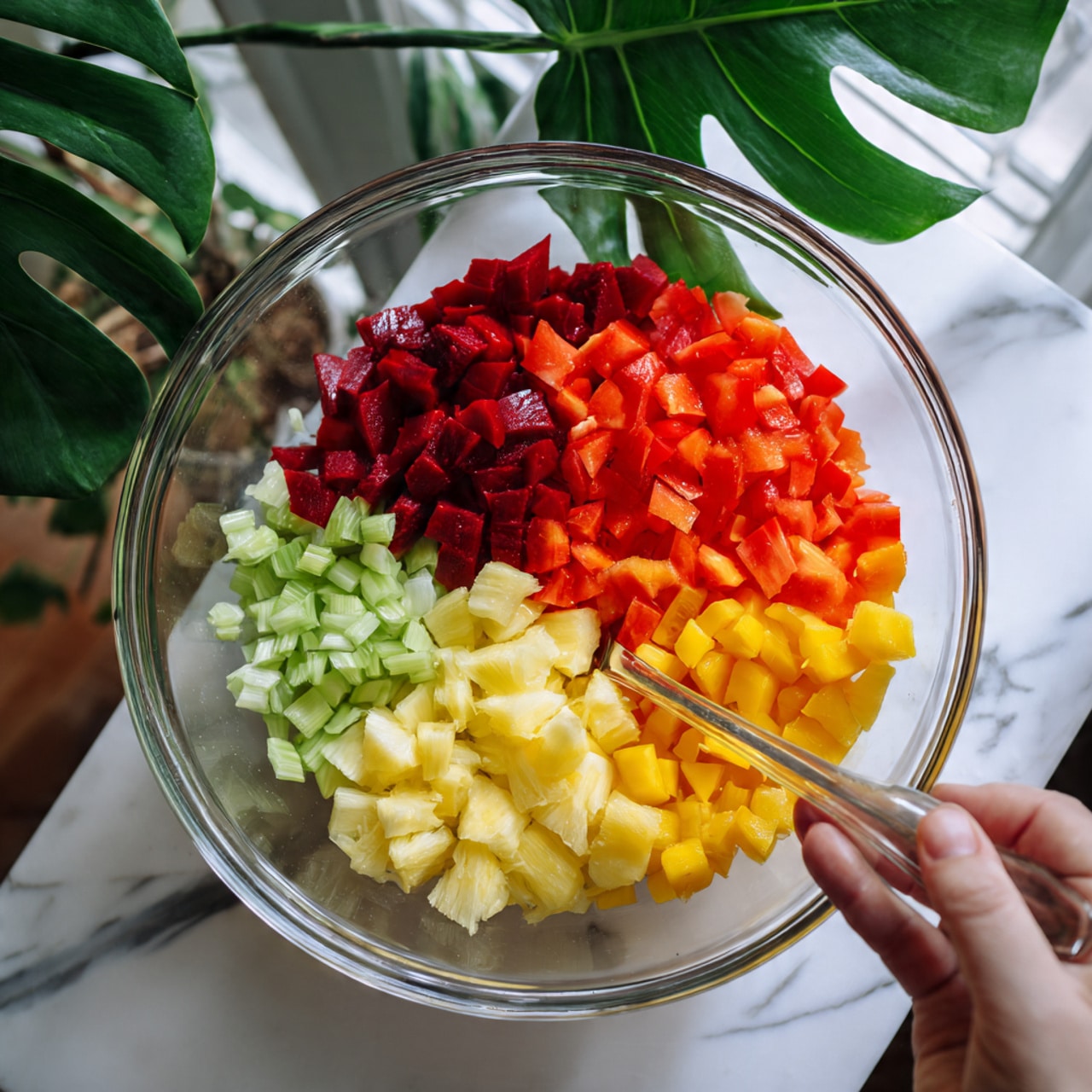 The image shows a glass bowl filled with six different layers of small diced fruits and vegetables, each forming a colorful section. Starting from the top center and moving clockwise, there are deep red pieces resembling beetroot, bright red diced tomatoes, pale yellow pineapple, light green celery, orange bell pepper, and yellow mango. The bowl is placed on a white marbled surface next to a green plant with large leaves. A woman's hand is holding a clear glass stirring rod inside the bowl. The lighting is natural, coming from a nearby window. photo taken with an iphone --ar 4:5 --v 7