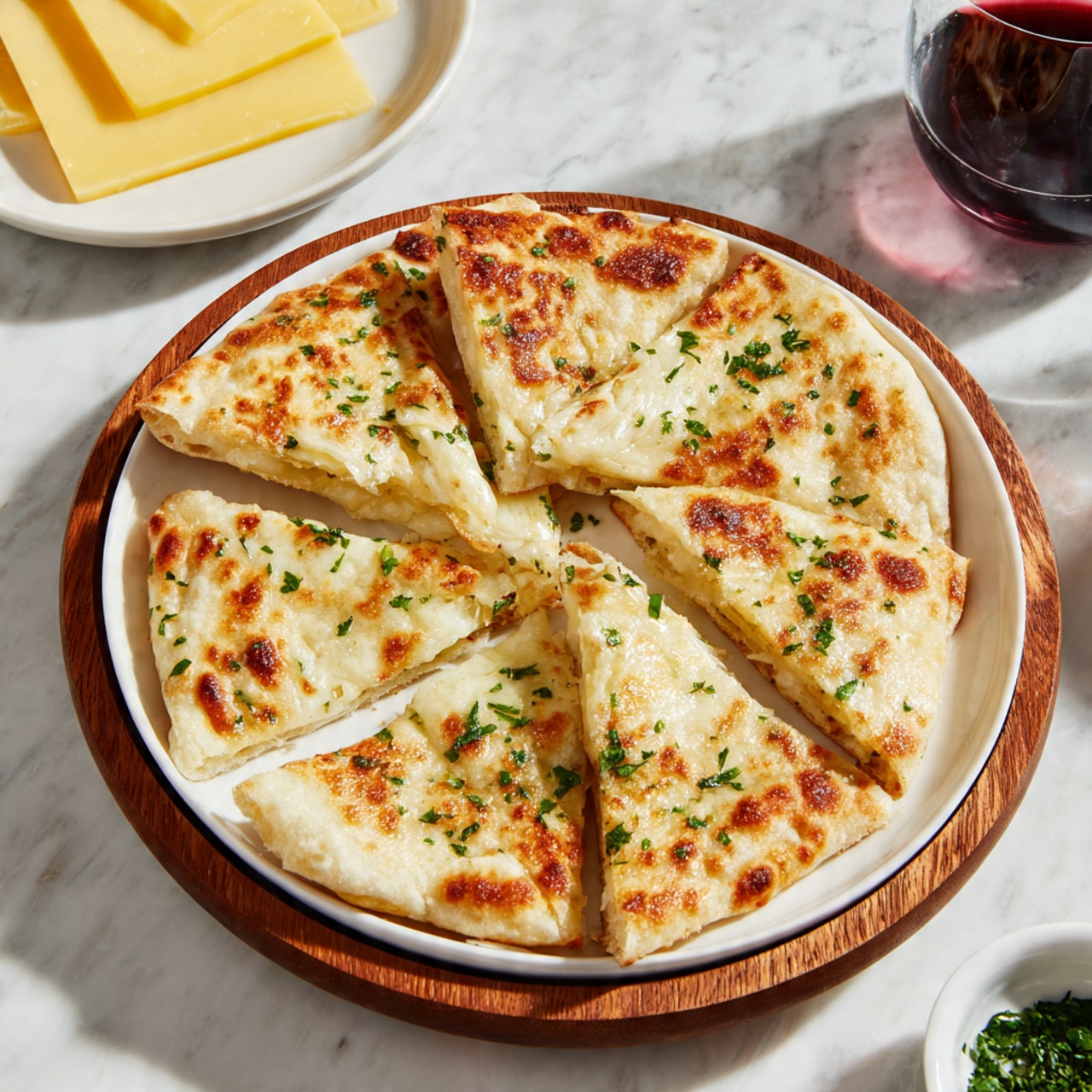 A round white plate with six slices of a golden brown, crispy flatbread topped with melted cheese and sprinkled with fresh green herbs, each slice showing a slightly browned texture on top with soft, cheesy layers underneath; the plate rests on a wooden tray placed on a white marbled surface. In the background, there is a white plate with yellow slices of cheese, a glass of red wine, and a small white bowl with green herbs. photo taken with an iphone --ar 4:5 --v 7