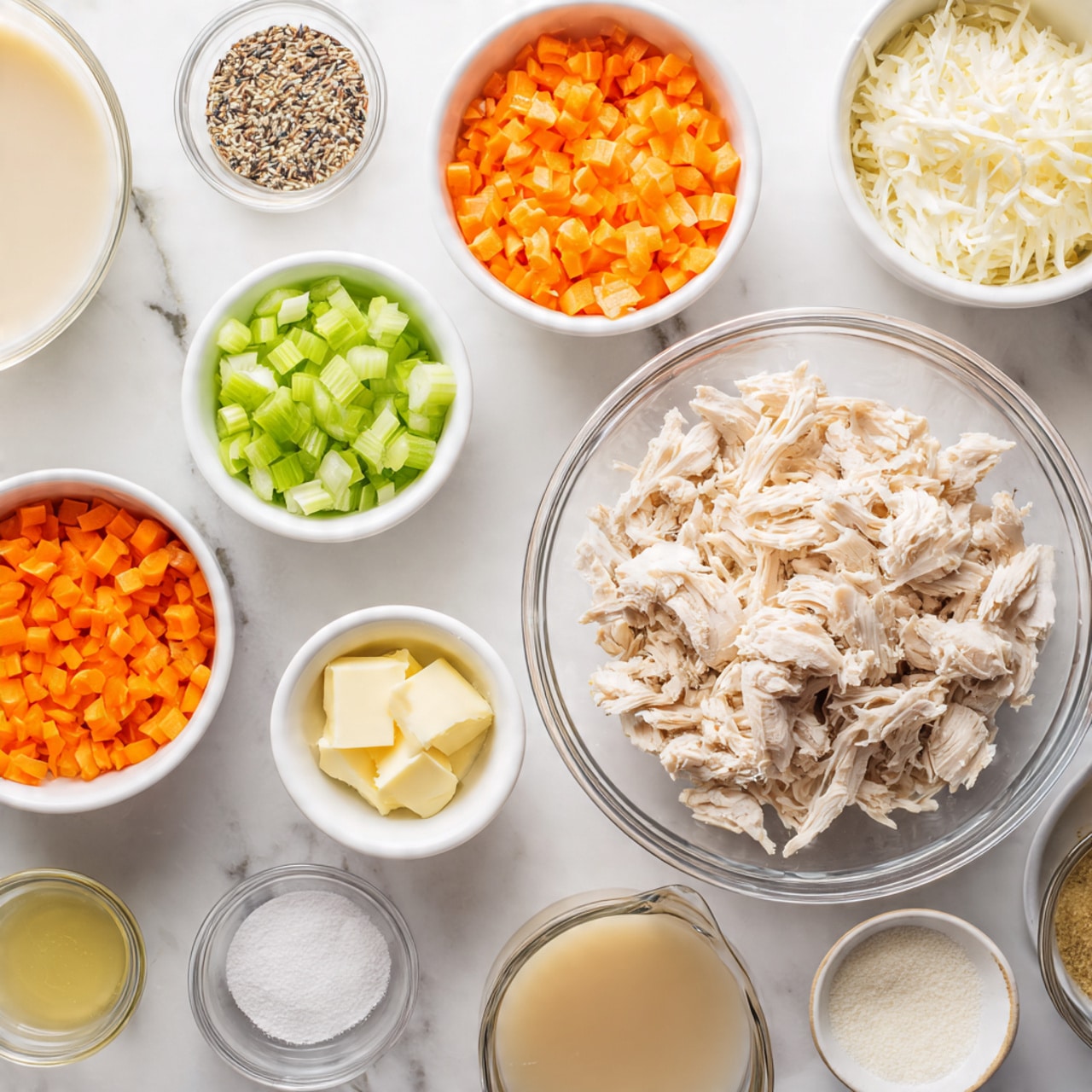 The image shows a white marbled surface with several clear glass bowls and white bowls arranged neatly. In the center is a large clear glass bowl filled with shredded cooked chicken. Surrounding it are smaller white bowls containing bright orange chopped carrots, light green celery pieces, chopped white onions, and a small white bowl of pale yellow butter cubes. There is a bowl with dark small grains, possibly wild rice. Around these bowls are small containers holding light brown broth or stock, cream or milk, some white flour, minced garlic, and black pepper. The arrangement creates a clear view of the ingredients laid out for cooking. Photo taken with an iphone --ar 4:5 --v 7