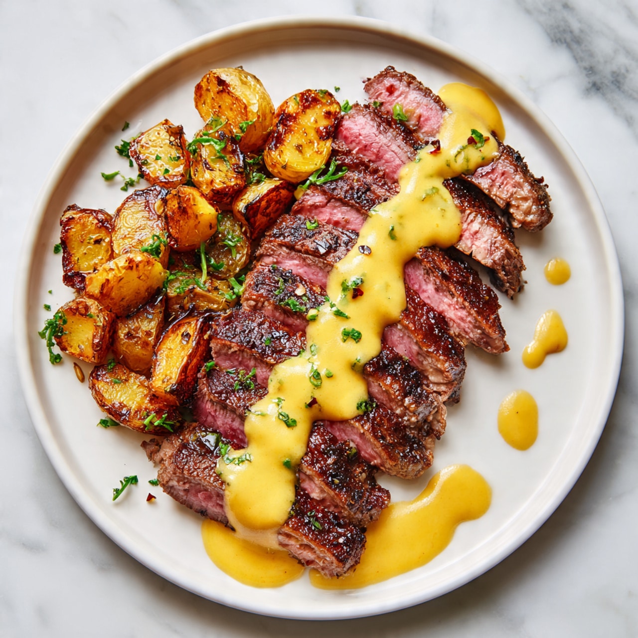 A white plate on a white marbled surface holds a serving of sliced steak arranged in one row. The steak is cooked medium with a pink inside and a browned outside, topped with a smooth, yellow sauce that drapes over the slices. Next to the steak, there are golden-brown roasted potato pieces piled casually. The overall presentation is neat with warm colors from the food. Photo taken with an iphone --ar 4:5 --v 7