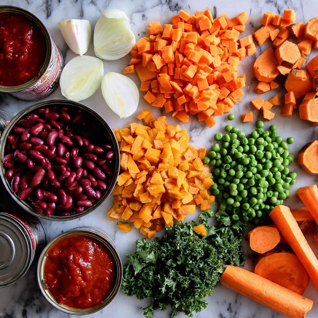 The image shows a spread of fresh cooking ingredients on a white marbled surface. There are layers of diced orange carrots scattered around, whole orange carrot sticks on the right side, and sliced orange sweet potatoes in thin rounds and chunks towards the center top. Bright green peas are placed in small piles mainly on the left middle side, next to a few white garlic cloves in the top left corner. Two halves of a white onion sit near the center with diced carrots around them. Bright red kidney beans spill out of an open silver can at the bottom left corner, mixing with some fresh dark green parsley leaves in the bottom center. Two open cans with red tomato sauce sit in the top right corner. The mix of colors and textures shows an array of fresh vegetables and beans ready for cooking photo taken with an iphone --ar 4:5 --v 7