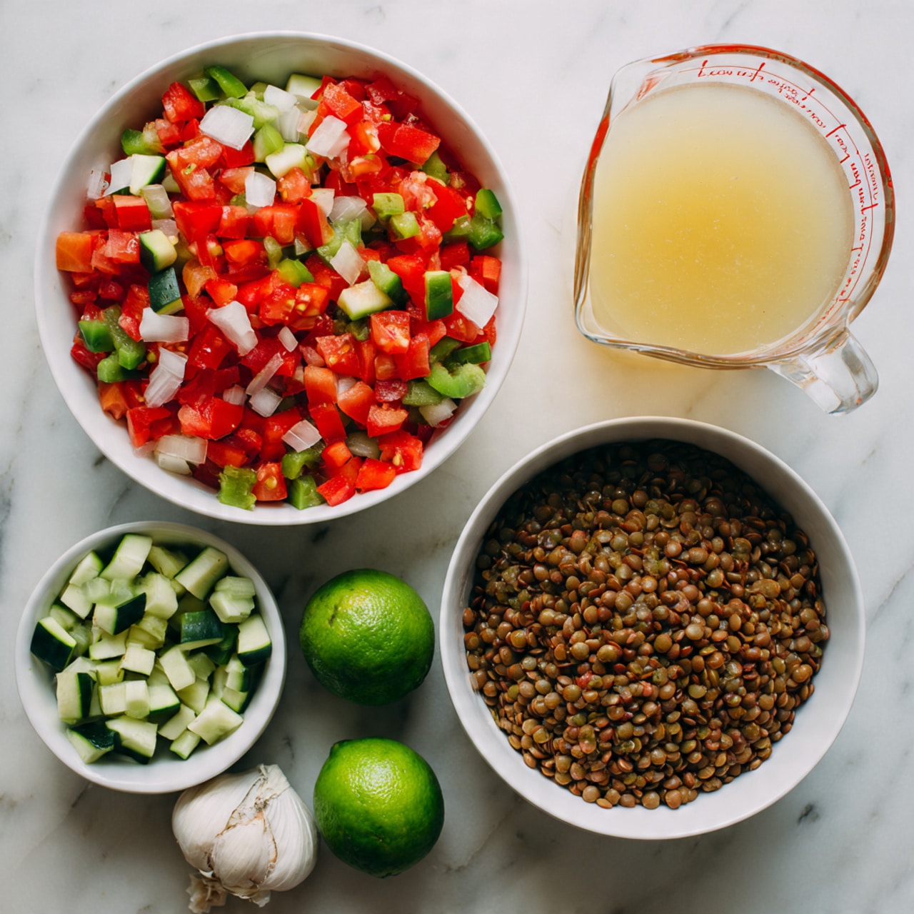 This image shows a white bowl filled with a mix of fresh, chopped vegetables including red tomatoes, green peppers, and white onions all sitting on a white marbled surface. Next to the bowl is a small white bowl holding diced green zucchini pieces. To the right is a larger white bowl filled with cooked brown lentils. There is also a clear glass measuring cup filled with light yellow broth. Surrounding these are small piles of brown spices, a few garlic cloves, and two whole green limes, all arranged neatly on the white marbled background. photo taken with an iphone --ar 4:5 --v 7