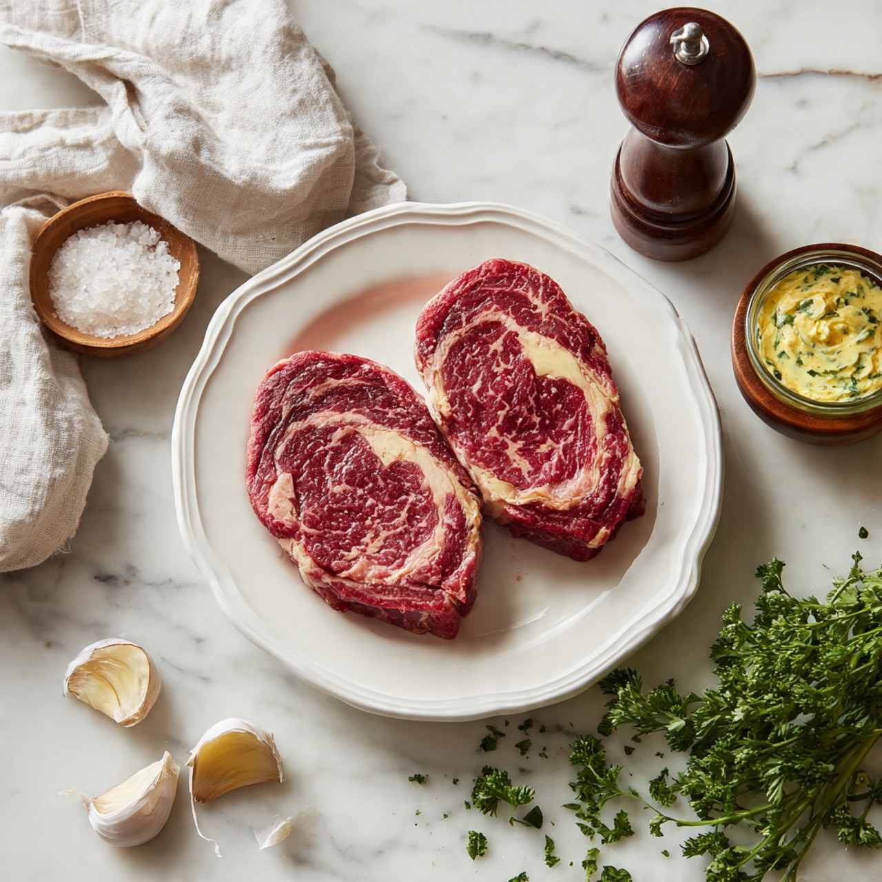 Two raw red steaks with white fat marbling rest side by side in the center of a white plate with a wavy rim. The plate sits on a white marbled surface. Around the plate, there are garlic cloves and peeled garlic skins scattered near the bottom, fresh green parsley sprigs on the right and bottom edges, a small container of herb butter with a creamy, pale yellow texture mixed with green herbs on the upper right, a rustic wooden salt container holding coarse white salt in the upper left, and a dark wooden pepper grinder standing next to it. A crumpled white cloth is placed near the herb butter and pepper grinder photo taken with an iphone --ar 4:5 --v 7