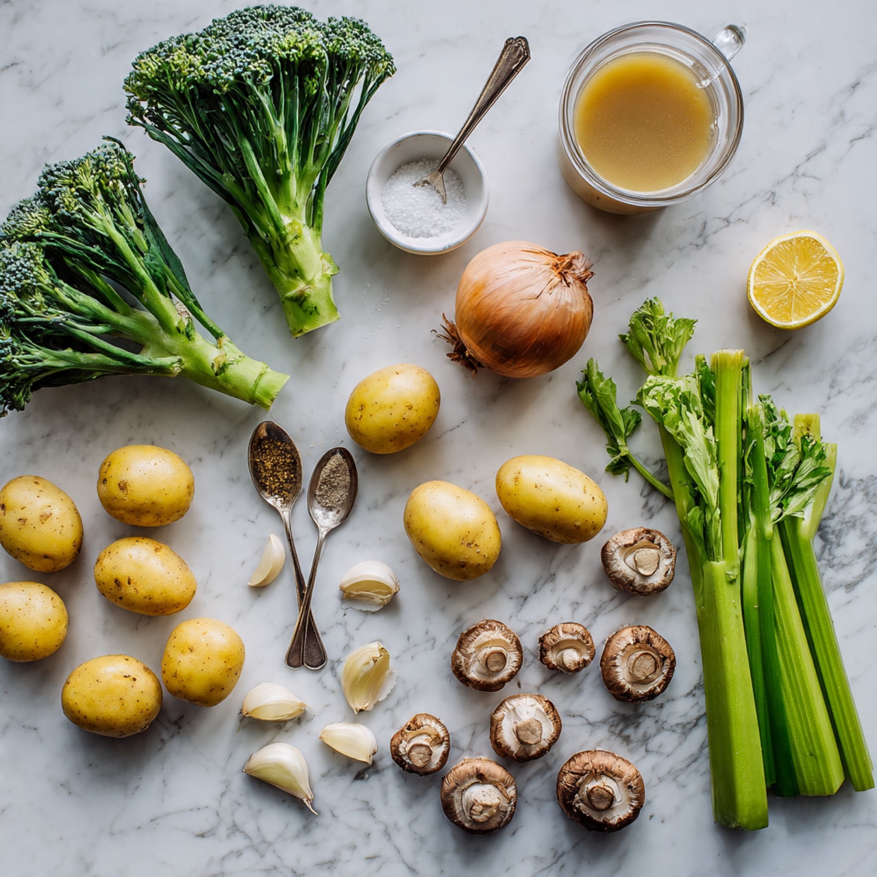 The image shows fresh cooking ingredients placed on a white marbled surface. There are two large green broccoli heads on the top left. Near them, on the right, is a brown onion and a small white bowl with a white substance inside, likely salt or sugar. A glass container with a light brown liquid, possibly broth or juice, sits next to the onion. Below, there are about eight small yellow potatoes spread out. Several cloves of garlic are scattered across the scene, some whole and some peeled. Three long green celery stalks lie horizontally near the bottom right. To the right of the celery are small brown mushrooms, and a lemon half is also visible. Small spoons hold what look like spices and butter. The colors are fresh and natural, with a mixture of green, yellow, brown, and white tones. photo taken with an iphone --ar 4:5 --v 7