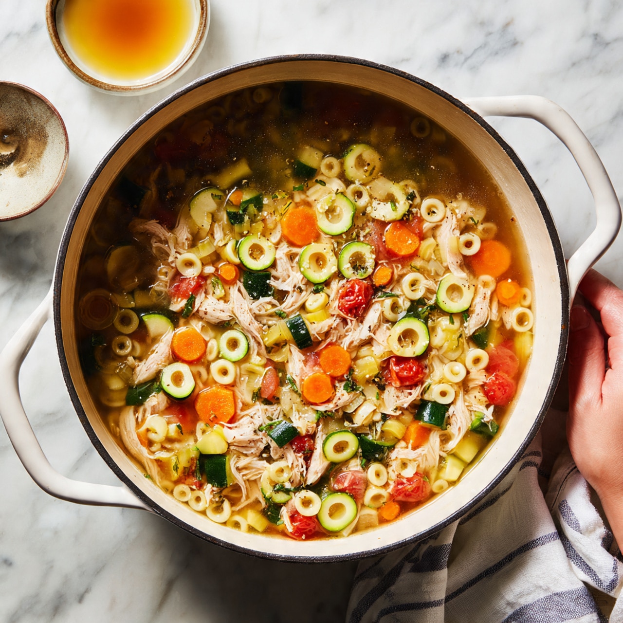 A white pot filled with a thick soup showing many layers and textures. The top layer is a mix of small pasta rings in pale yellow, soft light orange carrot slices, and dark green zucchini pieces. Below these, you can see bits of light brown cooked chicken mixed with bright red tomato chunks and darker green leafy vegetables. The soup broth is clear to light brown, filling the gaps. The pot sits on a white marbled surface, with a white and gray striped cloth and a small bowl holding some sauce nearby. A woman's hand is holding the pot handle. Photo taken with an iphone --ar 4:5 --v 7