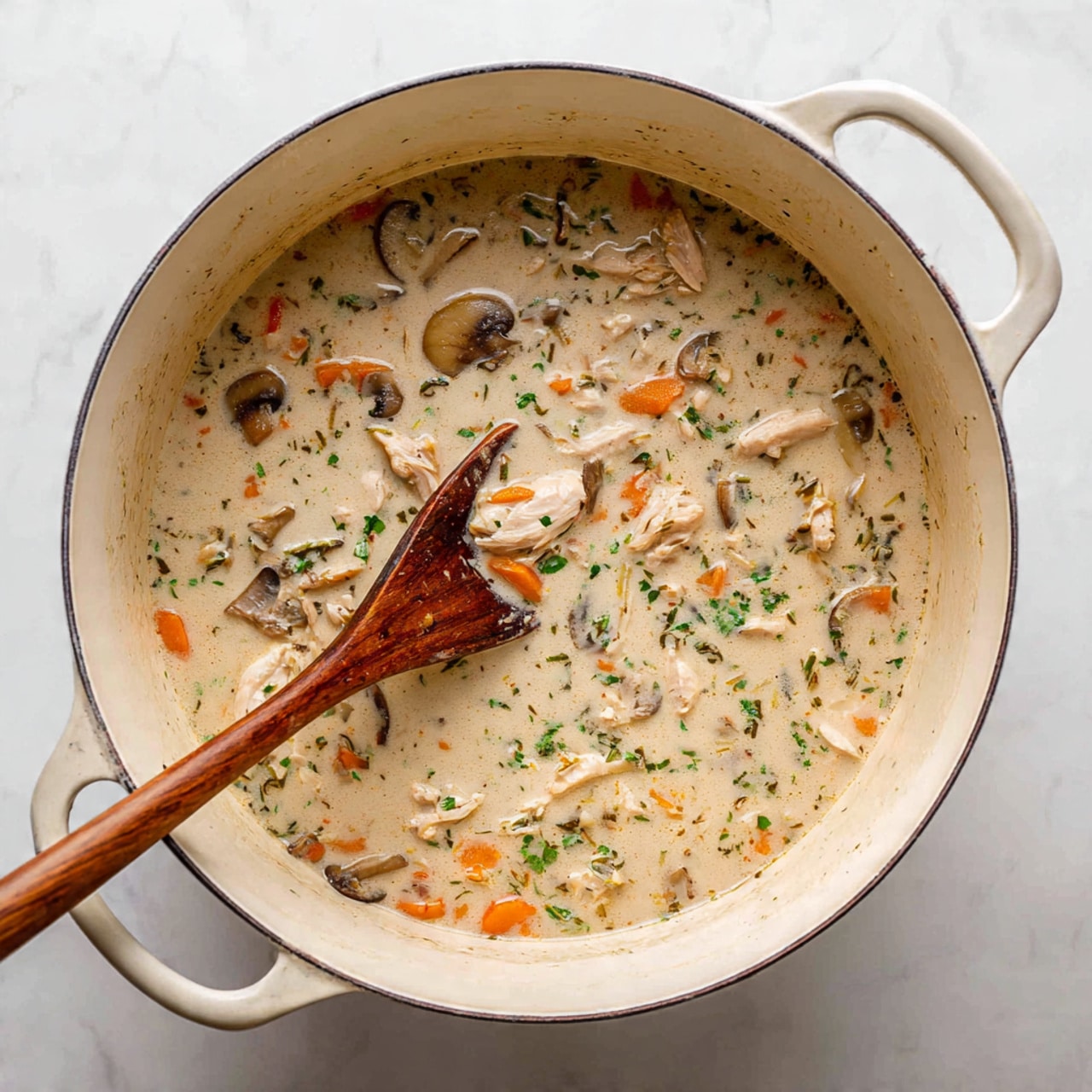 A white pot filled with creamy chicken and mushroom soup, showing thick, pale beige broth with small pieces of brown mushrooms, orange carrot bits, green herbs, and chunks of chicken. A wooden spoon with a long handle rests inside the pot, partially covered in the soup. The pot is set on a white marbled surface, highlighting the mixed texture of smooth broth and soft vegetable and meat pieces. photo taken with an iphone --ar 4:5 --v 7