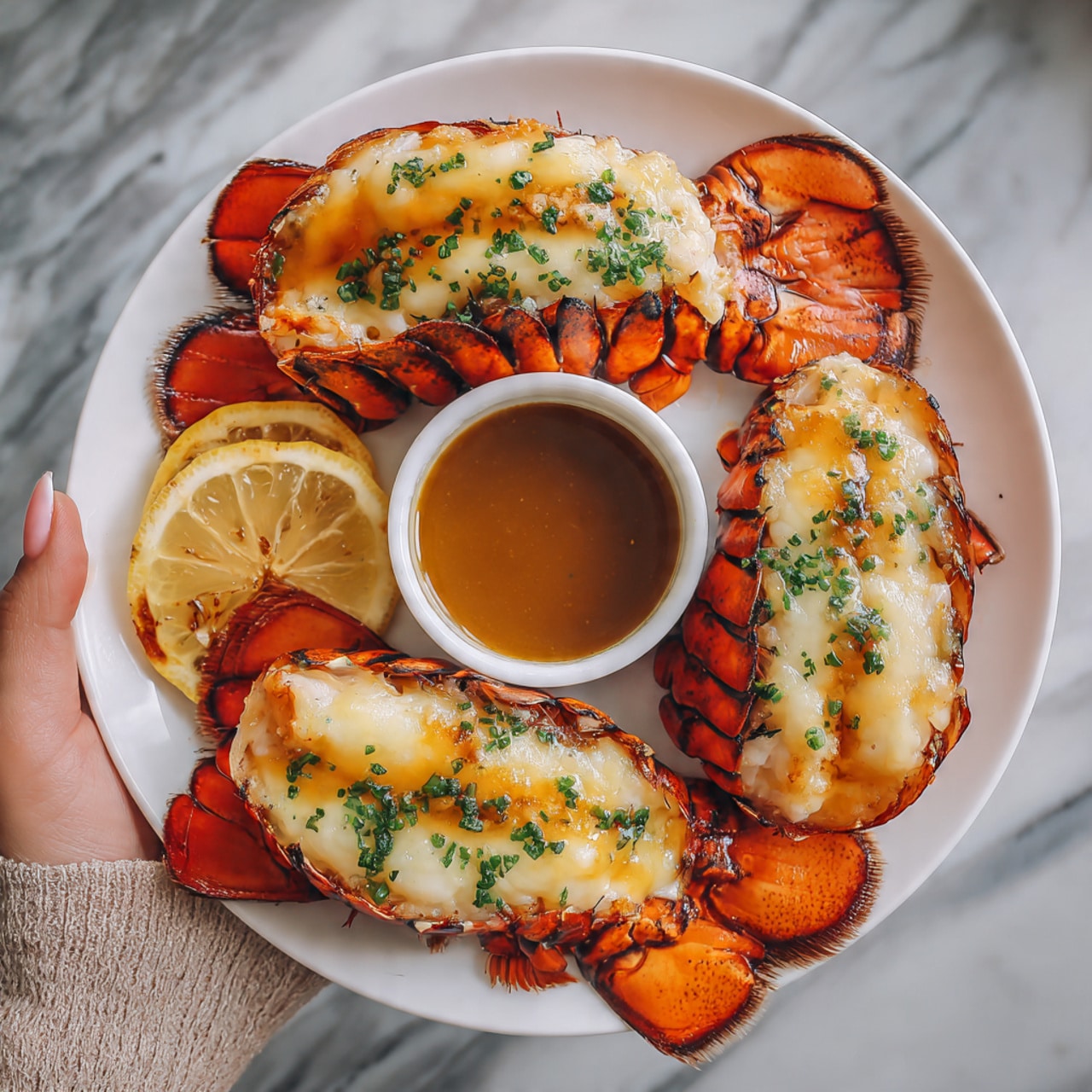 A white plate holds four grilled lobster tails arranged in a circle, each showing a rich orange-red shell with creamy, lightly browned melted cheese on top, sprinkled with green herbs. Around the lobsters are small grilled lemon wedges with light char marks. In the center of the plate is a small white bowl of brown sauce. The surface underneath the plate has a white marbled texture. A woman's hand is holding a lobster tail on the side. Photo taken with an iphone --ar 4:5 --v 7