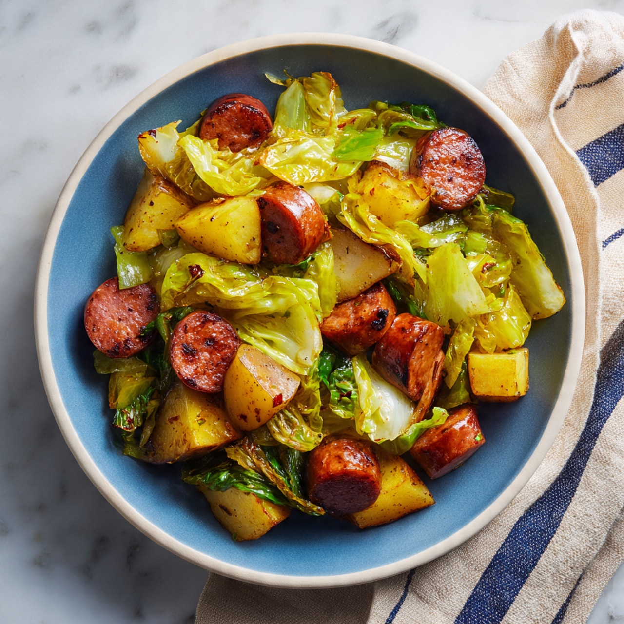 A white shallow bowl holds a cooked mix of sliced browned sausages, chunky pieces of roasted red potatoes with golden-brown edges, and wilted yellow-green cabbage leaves scattered throughout. The bowl sits on a larger blue plate, both placed on a white marbled surface with a beige cloth with blue stripes to the side. The sausages have a shiny, slightly crisp surface; the potatoes show uneven roasted spots; and the cabbage adds a soft texture to the dish. Photo taken with an iphone --ar 4:5 --v 7