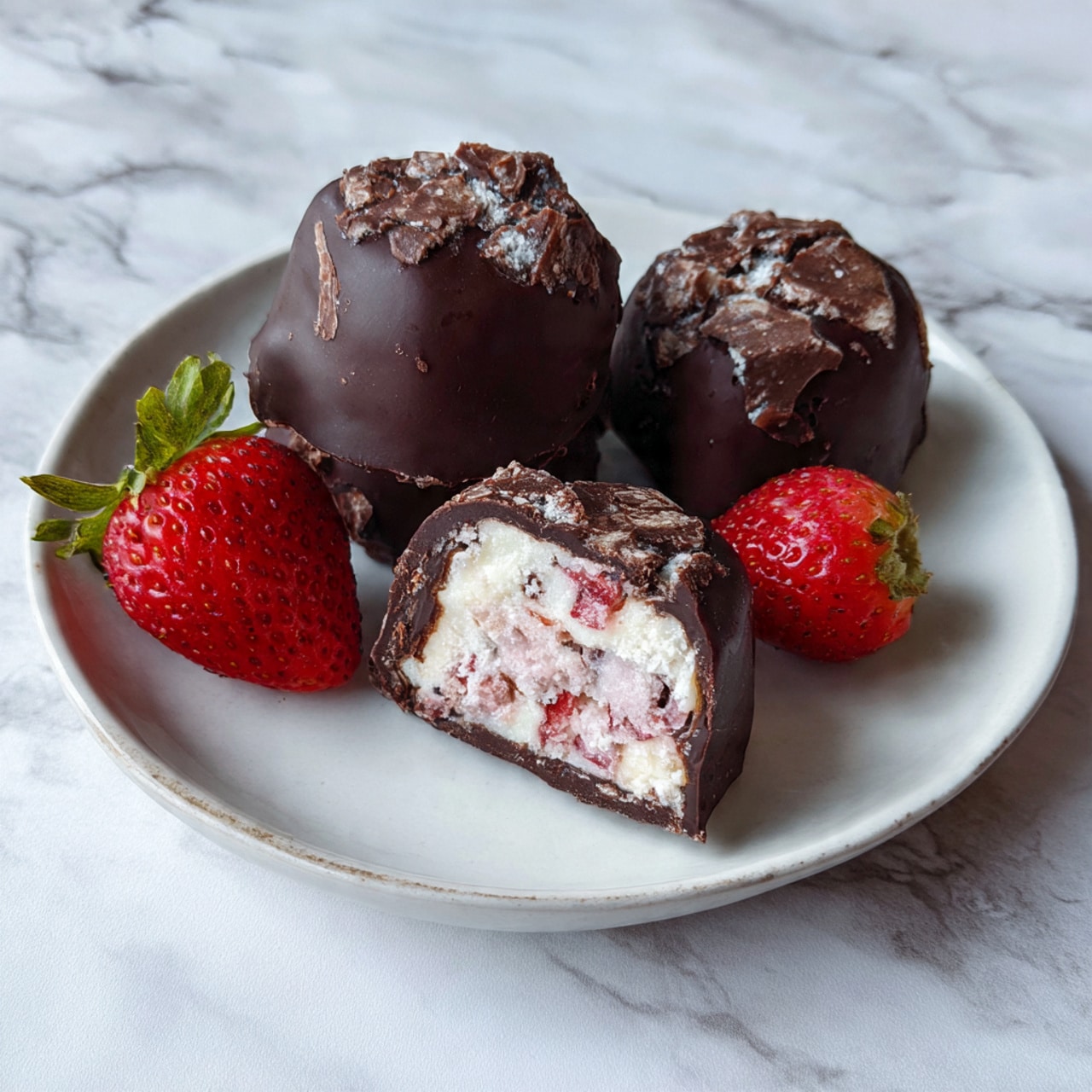 The image shows three irregularly shaped dark chocolate-covered treats placed on a white plate sitting on a white marbled surface. Two whole pieces have a rough textured dark chocolate coating, while the third piece is cut in half revealing a pink and white creamy filling with small red strawberry bits inside. Two fresh strawberries with green tops are placed on the plate near the treats, adding a bright red contrast to the scene. The overall look is rich and rustic with natural colors and textures. photo taken with an iphone --ar 4:5 --v 7