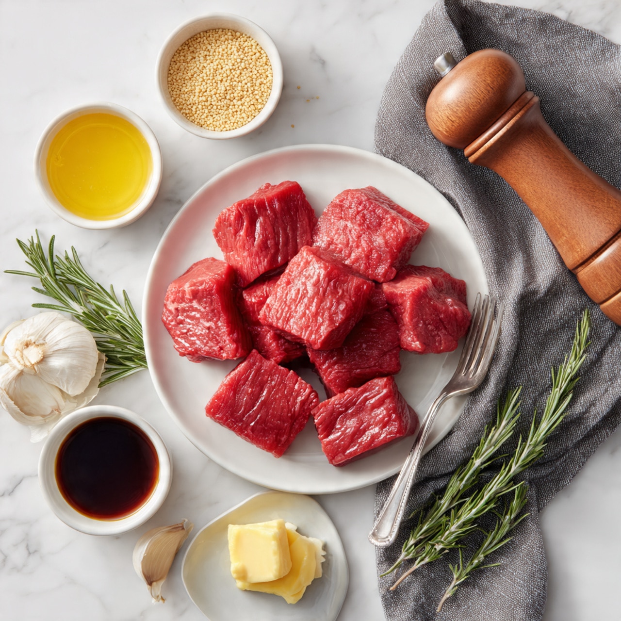 A round white plate sits on a white marbled surface, holding several raw beef pieces with a bright red color and smooth texture. Around the plate are small white bowls filled with light brown mustard seeds, minced garlic, yellow butter, and a dark brown sauce. A wooden pepper grinder and a gray cloth napkin are placed nearby, adding to the setup. Small sprigs of fresh rosemary lie beside the plate, with a silver fork partially in view. The scene is clear and bright, showing all ingredients in detail. photo taken with an iphone --ar 4:5 --v 7