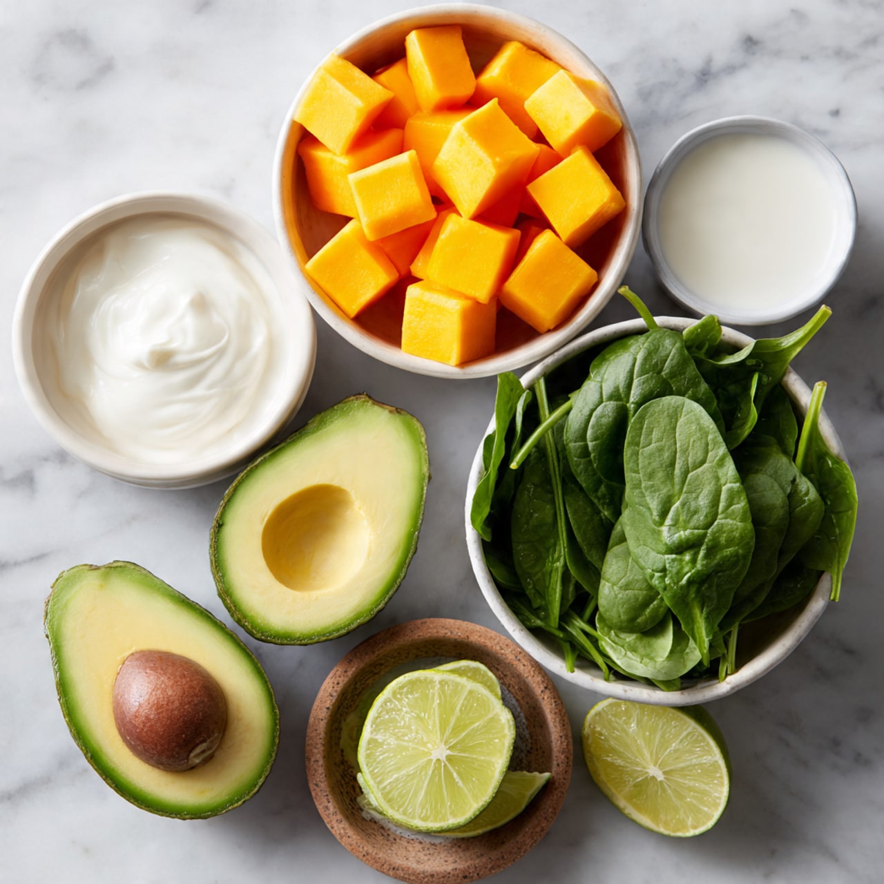 A white bowl filled with bright orange frozen cubes sitting at the top left, next to a white bowl with smooth white milk placed at the top right. Below, a white bowl contains fresh dark green spinach leaves with visible stems. To the left of this bowl, a white cup is filled with thick white sour cream. At the bottom left, two avocado halves are shown, one with a brown seed in the middle and the other without a seed, showing smooth green flesh. To the right of the avocados, a halved lime with light green interior and visible segments rests on a small brown dish, all set on a white marbled surface. photo taken with an iphone --ar 4:5 --v 7