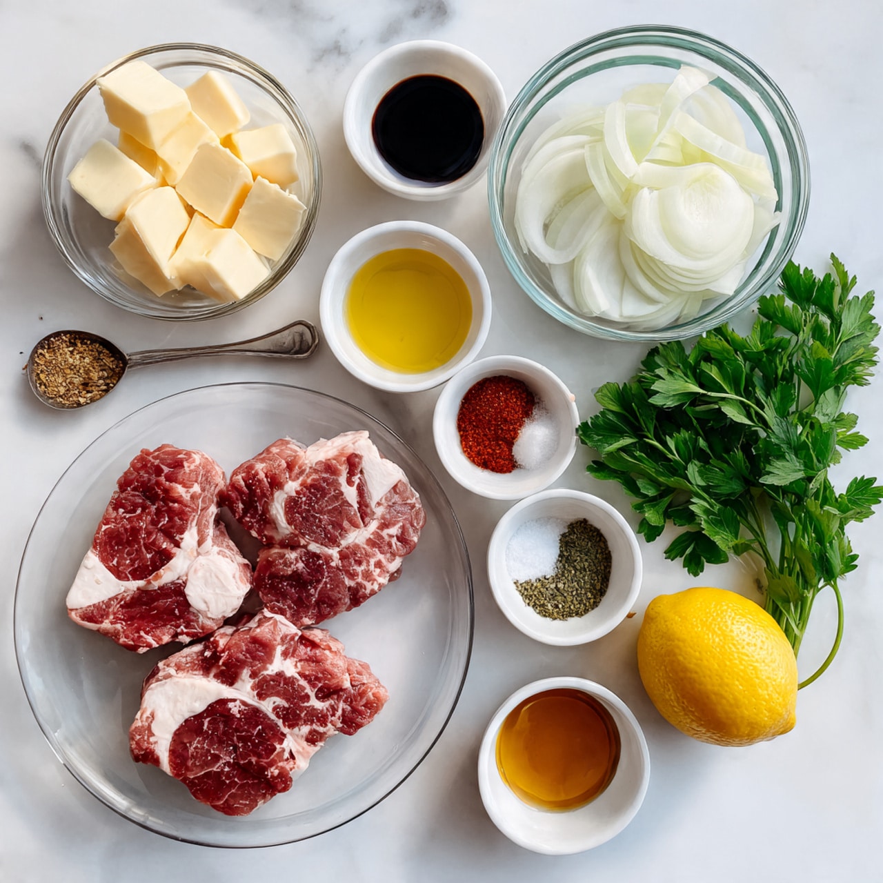 The image shows a flat lay of ingredients on a white marbled surface. There is a clear glass plate in the center holding two raw marbled pieces of meat with red and white textures. To the top right, a clear glass bowl filled with white onion rings sits next to fresh green parsley leaves. At the top center, a small clear glass bowl holds light yellow butter cubes. Around the central plate, there are small white bowls containing salt, red spices, green herbs, black pepper, dark soy sauce, and a pale yellow powder. A yellow lemon lies to the bottom left, and a woman's hand holds a small metal spoon with spices near the left edge. Photo taken with an iphone --ar 4:5 --v 7