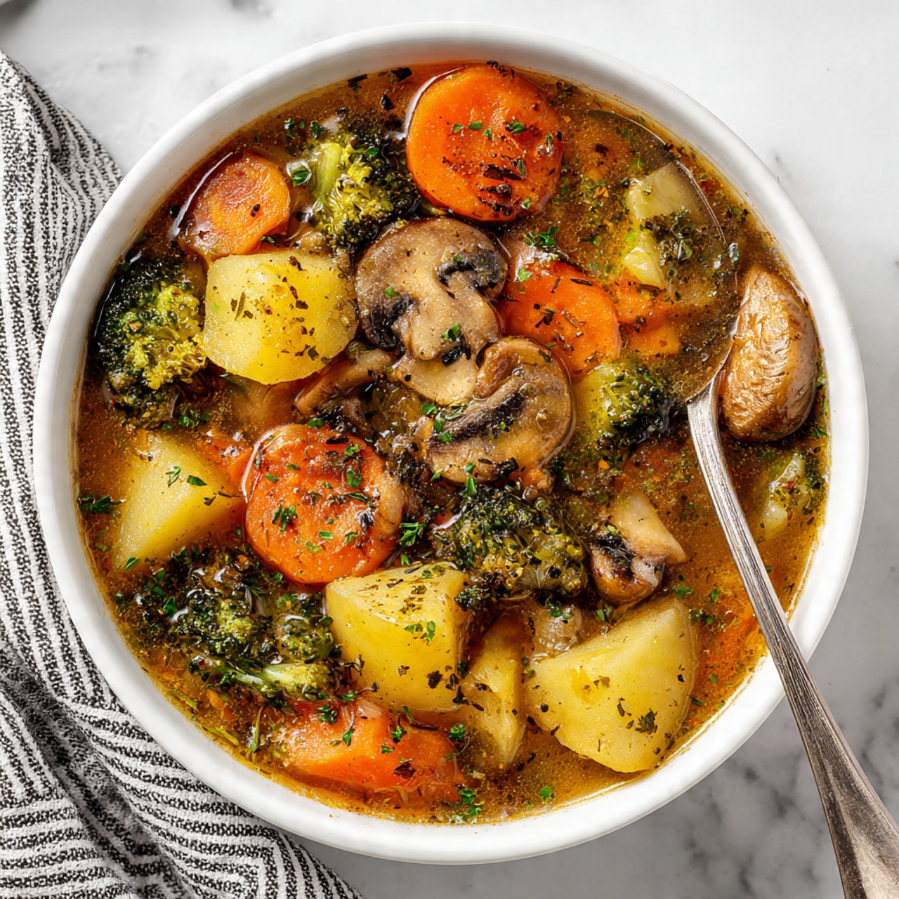 A white bowl filled with thick soup showing several layers of chunky vegetables including bright orange carrot slices, light yellow potato pieces, green broccoli florets, and whole beige mushrooms, all mixed in a brownish broth with bits of green herbs sprinkled on top. A silver spoon rests inside the bowl on the right side, slightly covered by the soup. The bowl sits on a white marbled surface with a striped cloth partially visible nearby. Photo taken with an iphone --ar 4:5 --v 7
