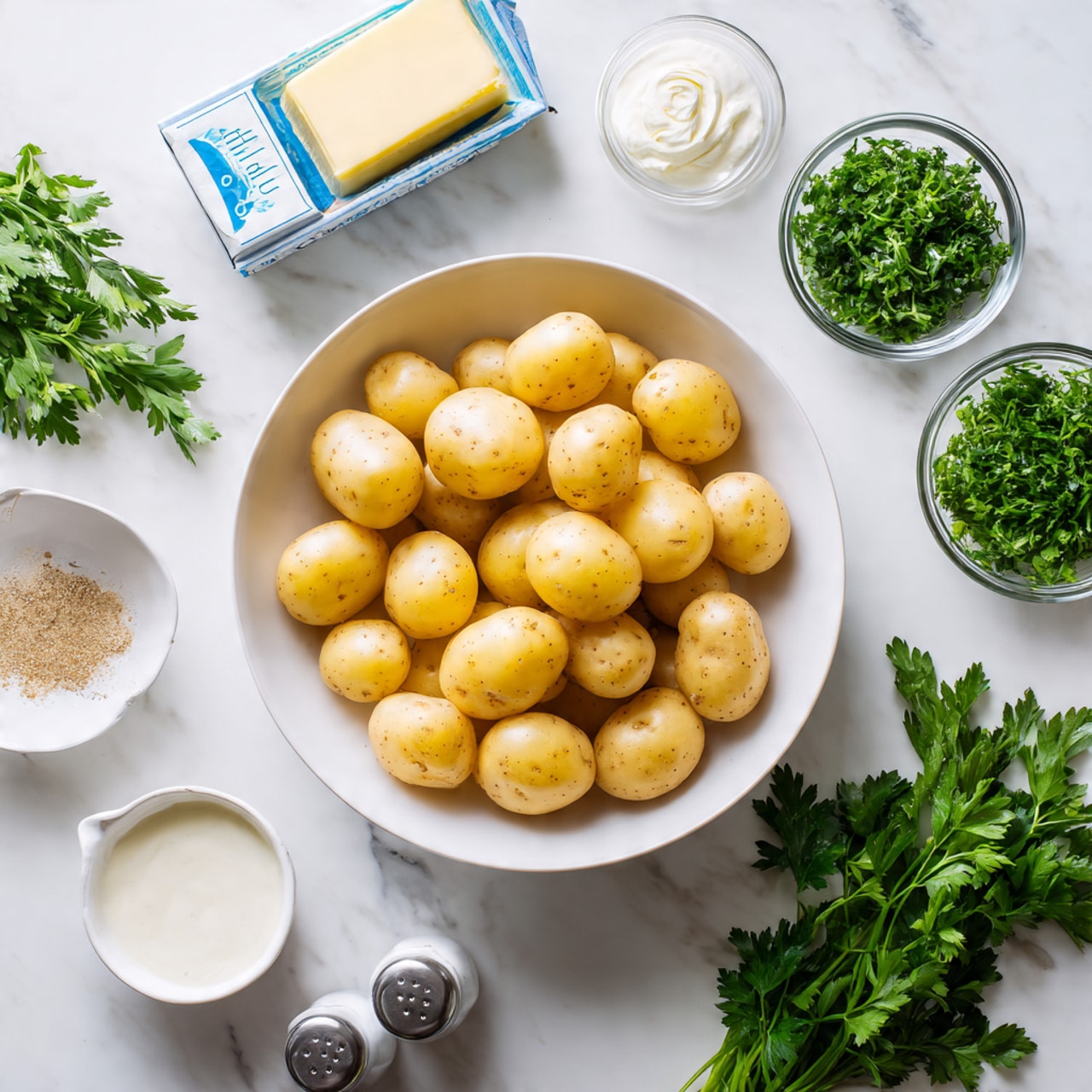 A white bowl filled with small yellow potatoes sits in the center on a white marbled surface. Surrounding the bowl are various ingredients: a carton of half and half cream on the back left, a block of butter in front of it, and fresh green herbs in clear plastic containers to the back right. To the front right of the bowl is a bunch of fresh green parsley. Salt and pepper shakers are placed on the left side, near a small white cup of cream and a little pile of ground seasoning. The scene is bright and neatly arranged, photo taken with an iphone --ar 4:5 --v 7