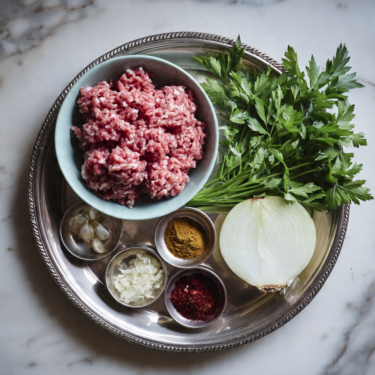 The image shows a silver tray with a light blue bowl filled with raw ground chicken, positioned on the upper left side. To the right of the bowl, there is a bunch of fresh green parsley, and beneath the parsley is a half white onion with layers visible. On the bottom left, four small silver cups hold different ingredients: minced garlic, garlic cloves, red paste, and a reddish spice powder, arranged in a neat grid. The tray sits on a white marbled surface. Photo taken with an iphone --ar 4:5 --v 7