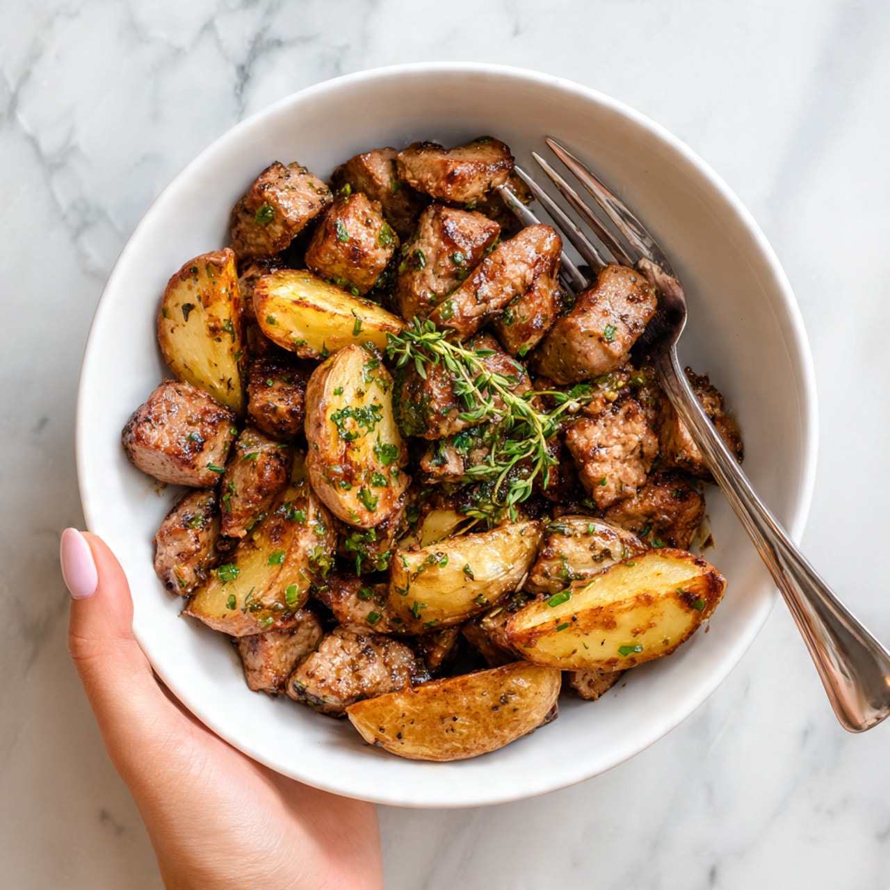 A white bowl filled with bite-sized pieces of cooked meat that are brown and slightly charred, mixed with golden-brown roasted potato wedges. The meat and potatoes are sprinkled with small green herb leaves, adding color contrast. A silver fork rests inside the bowl on the right side, and a woman's hand is gently holding the edge of the bowl. The background is a white marbled surface. Photo taken with an iphone --ar 4:5 --v 7
