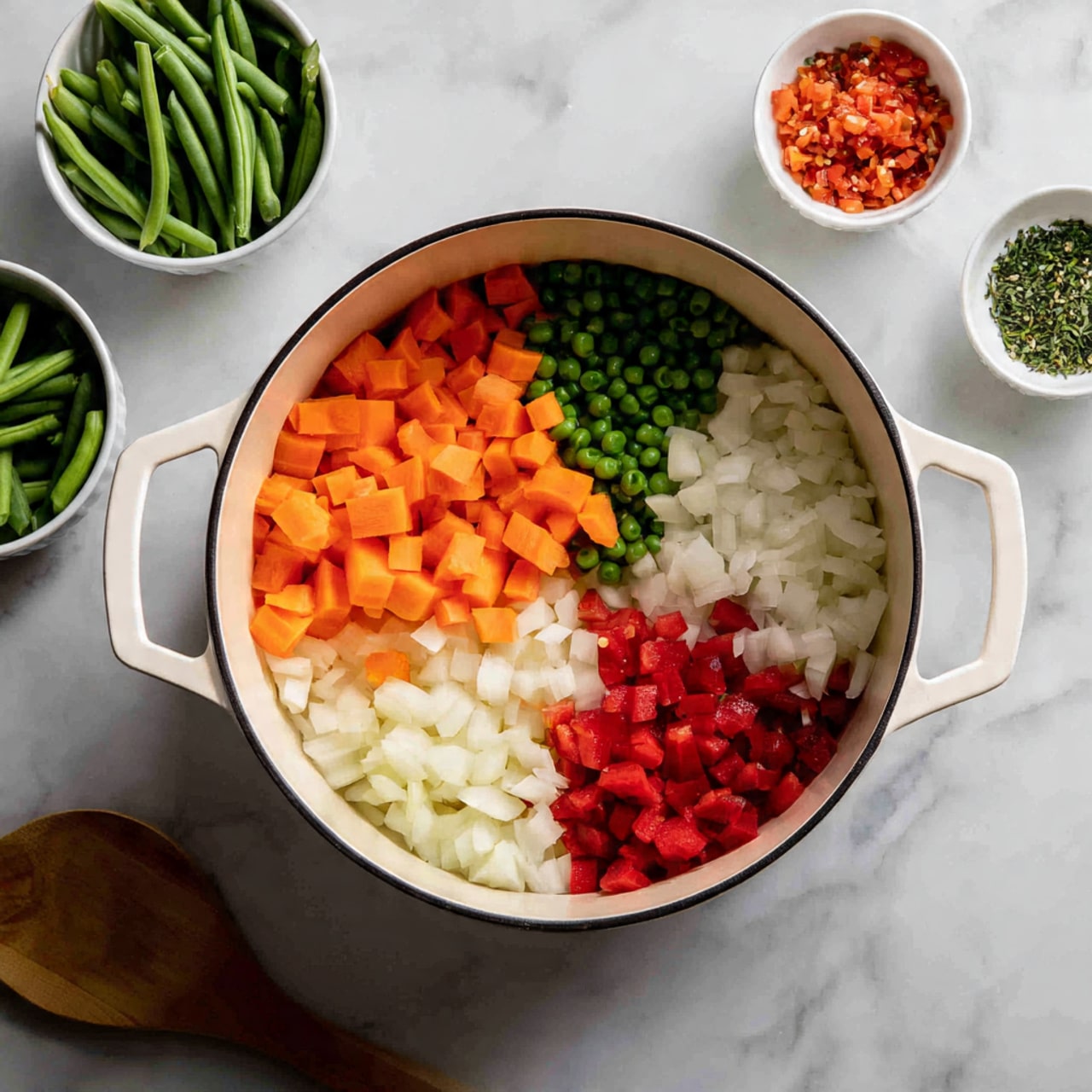 The image shows a white cooking pot filled with several colorful chopped vegetables arranged neatly in separate sections. The bottom right section contains small red pieces, the top right section has sparkling white small pieces, the middle left section is filled with small orange cubes, and the top left section has small green cubes. Surrounding the pot are small white bowls filled with green beans, white beans, and diced fresh tomatoes. All items are set on a white marbled surface. photo taken with an iphone --ar 4:5 --v 7
