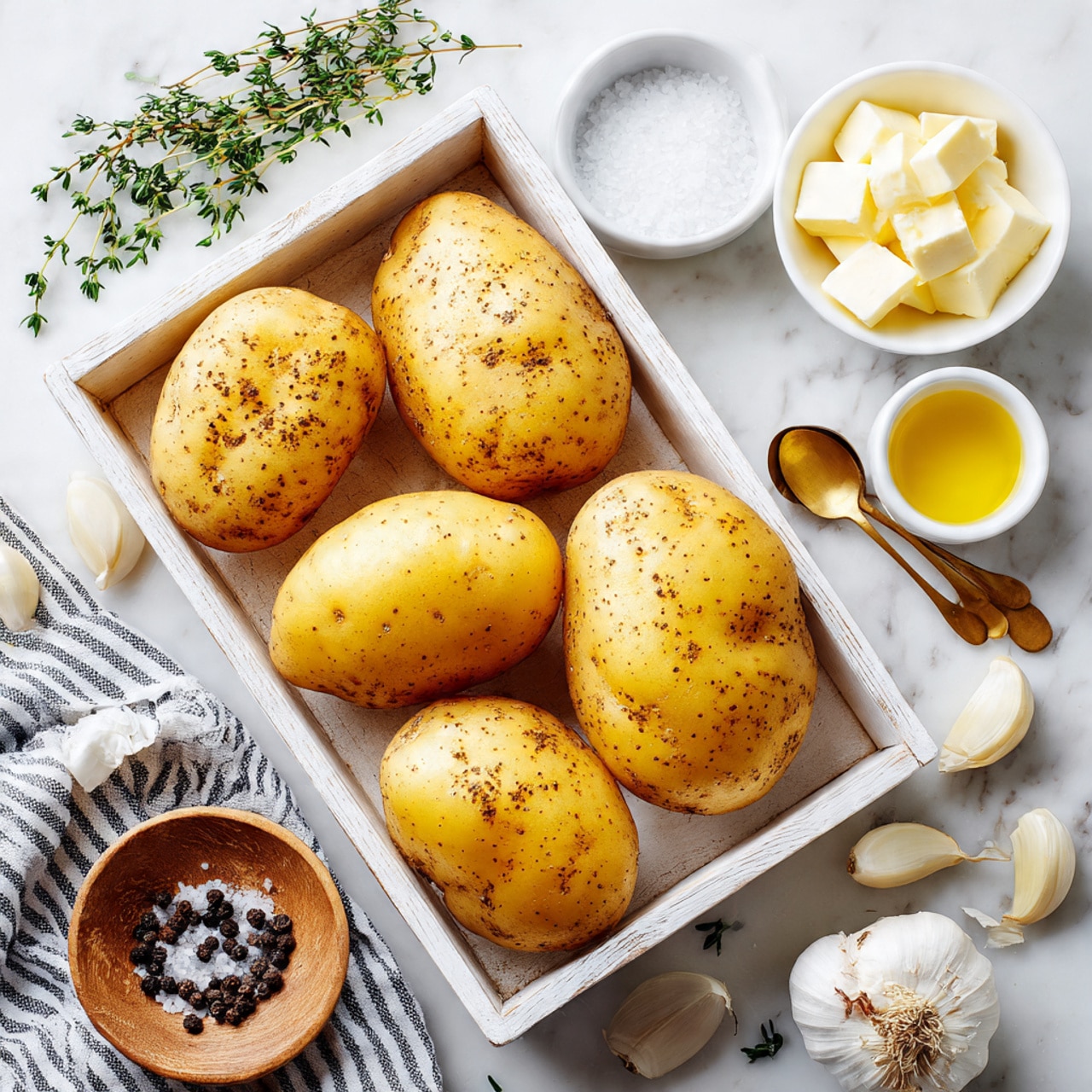 The image shows four whole yellow potatoes with speckled brown spots placed on a white wooden tray in the center, surrounded by small white bowls. One bowl holds solid white cubes of butter, another has coarse white salt with a gold spoon inside, and a third contains golden olive oil. Below the tray is a small wooden bowl filled with black and white cracked pepper. Clusters of peeled garlic cloves and scattered fresh green thyme sprigs are arranged on the white marbled surface around the potatoes. A striped cloth is partially visible at the left bottom corner. photo taken with an iphone --ar 4:5 --v 7