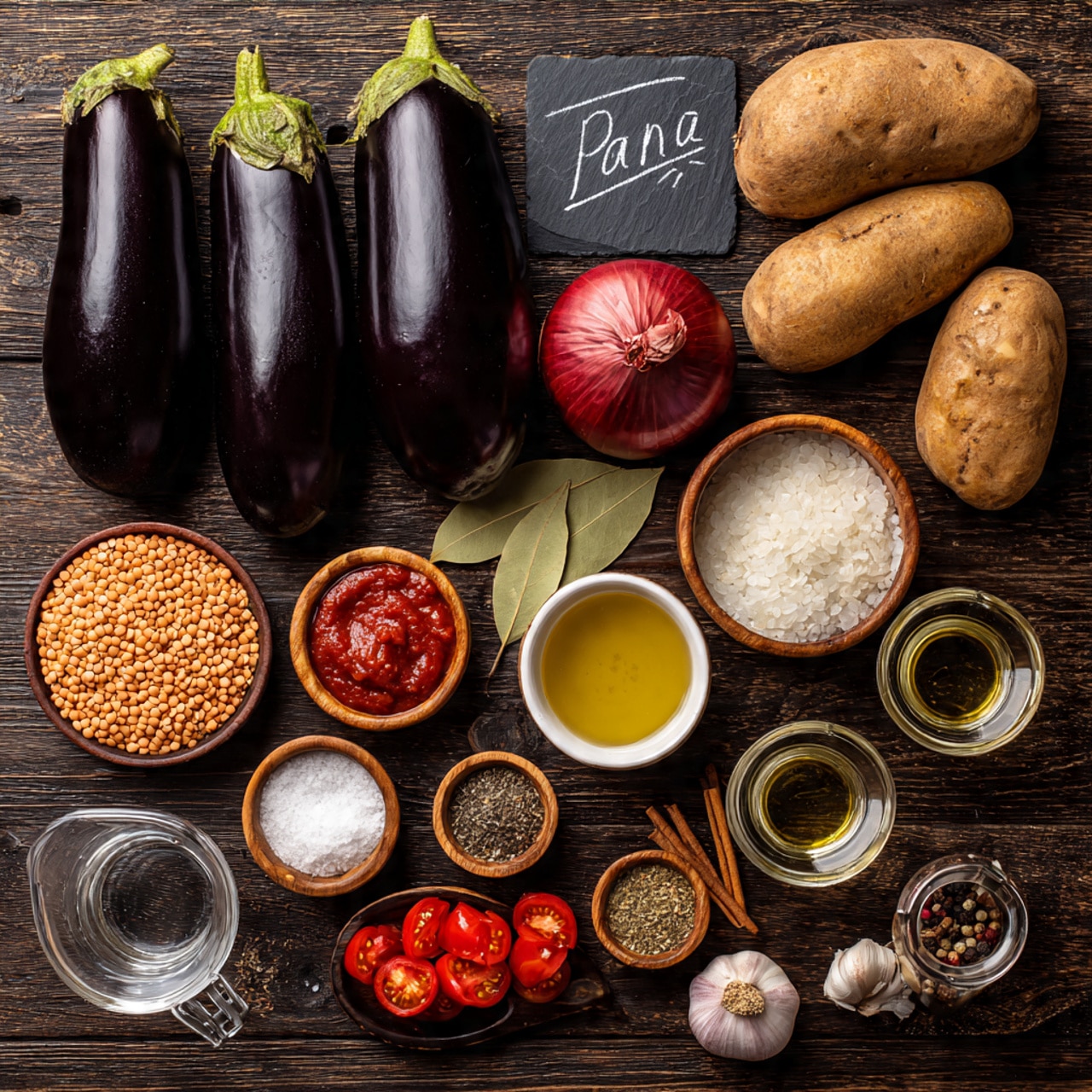 The image shows an assortment of raw ingredients neatly arranged on a dark wooden surface, which should be imagined as a white marbled texture. There are three large, shiny, deep purple eggplants aligned in the top left corner. Below them sits a whole red onion with a smooth shiny surface. On the bottom right, there are three large, rough-textured brown potatoes stacked together. Scattered around these main items are several small white bowls and a few wooden and glass containers holding different ingredients: one bowl contains light brown lentils, another holds a bright yellow powder, a white bowl with a light golden liquid, a wooden bowl with red paste, another glass with thick black liquid, and several small containers with various ground spices, salt, and pepper. Two bay leaves and a cinnamon stick are placed near the center. There is also a clear measuring cup with a light cream liquid near the bottom left. Two peeled garlic cloves lay near the top right beside a small bowl with chunky red tomatoes in juice. photo taken with an iphone --ar 4:5 --v 7