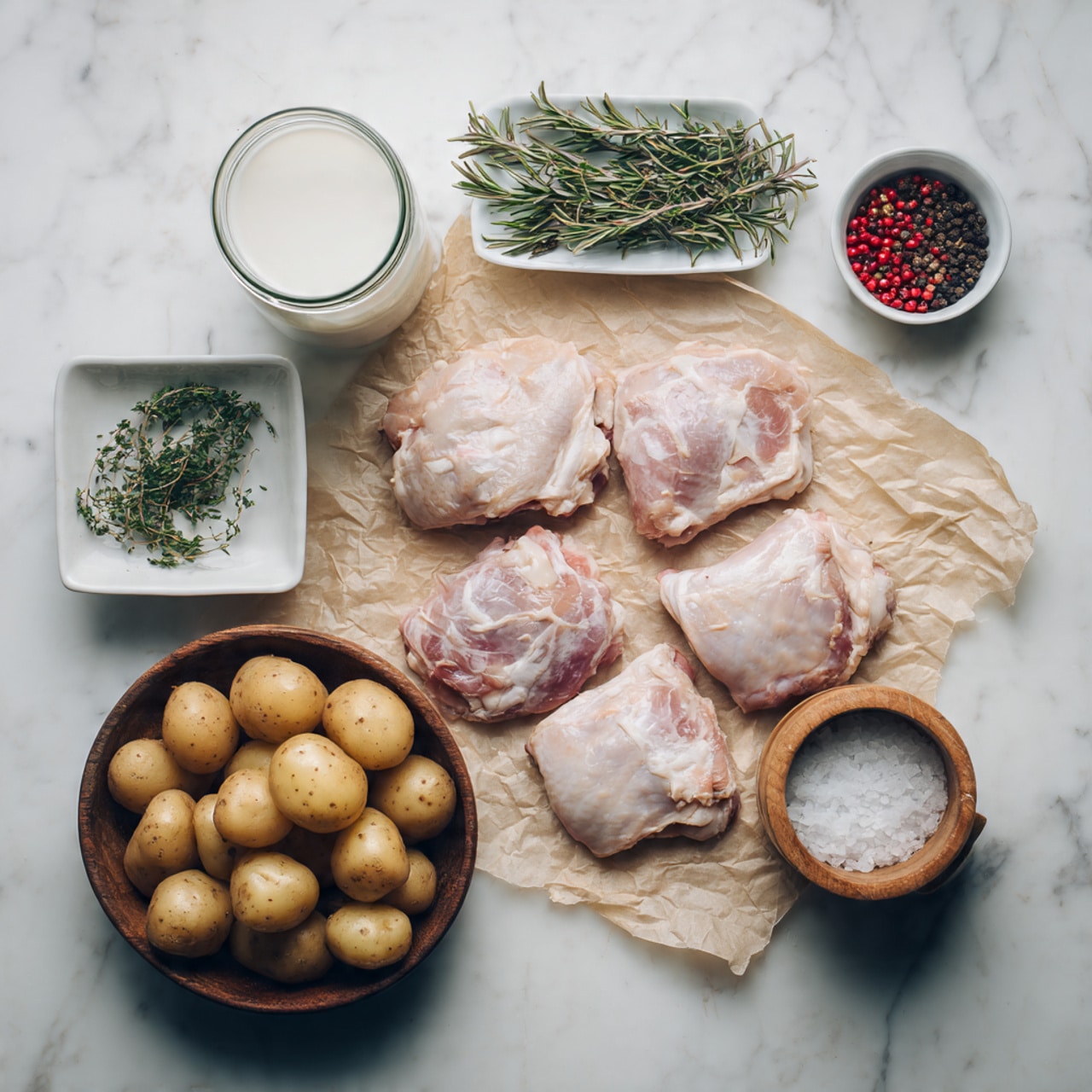 In the image, four pieces of raw chicken thighs with light pink skin lie on crumpled parchment paper in the center. Below them is a round wooden bowl filled with small light brown potatoes. To the left of the parchment, there is a glass jar with white liquid, likely milk. Above the chicken, a small white square dish holds fresh green herbs, including rosemary and thyme. To the right, there is a small white bowl containing red and black spices, and next to it is a round wooden container with its lid partially open, showing coarse white salt inside. All items are arranged on a white marbled surface. Photo taken with an iphone --ar 4:5 --v 7