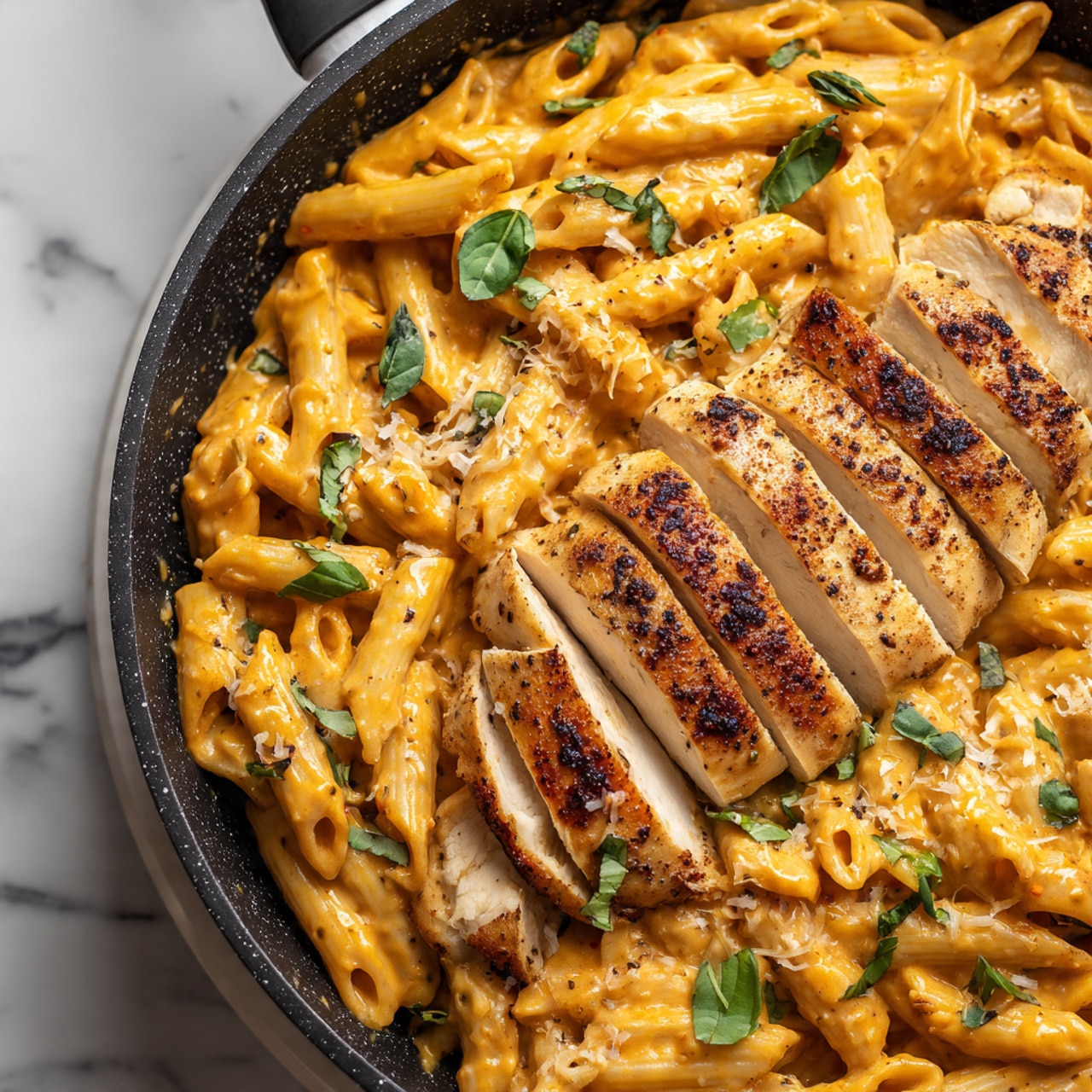 The image shows a close-up of a skillet filled with creamy pasta topped with slices of cooked chicken. The base layer is a thick, orange-tinged cream sauce coating yellow penne pasta evenly. On top, there are several thick slices of chicken with a golden-brown sear and a soft white inside, arranged in a loose row across the pasta. The dish is sprinkled with small pieces of fresh green basil and grated light yellow cheese, adding contrast and texture. The skillet rests on a white marbled surface. The scene is lit naturally, showing the rich, creamy texture of the sauce and the juicy detail of the chicken photo taken with an iphone --ar 4:5 --v 7