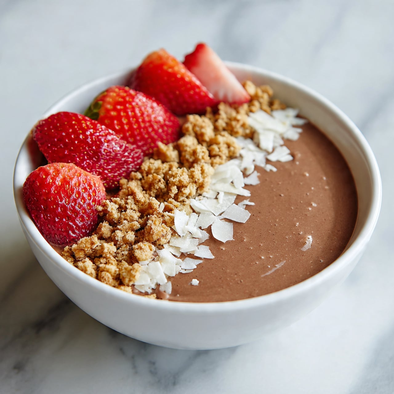 A white bowl filled with smooth chocolate-colored smoothie or pudding forms the base layer. On top, aligned in a neat row down the right side, there is a layer of crumbly granola with a rough texture. Next to the granola on the outer right edge, thin white flakes are scattered, adding a flaky texture. Fresh, whole strawberries with a bright red color and small seeds are placed on the left edge and a few outside the bowl on a wooden surface. The bowl is set on a white marbled surface. photo taken with an iphone --ar 4:5 --v 7