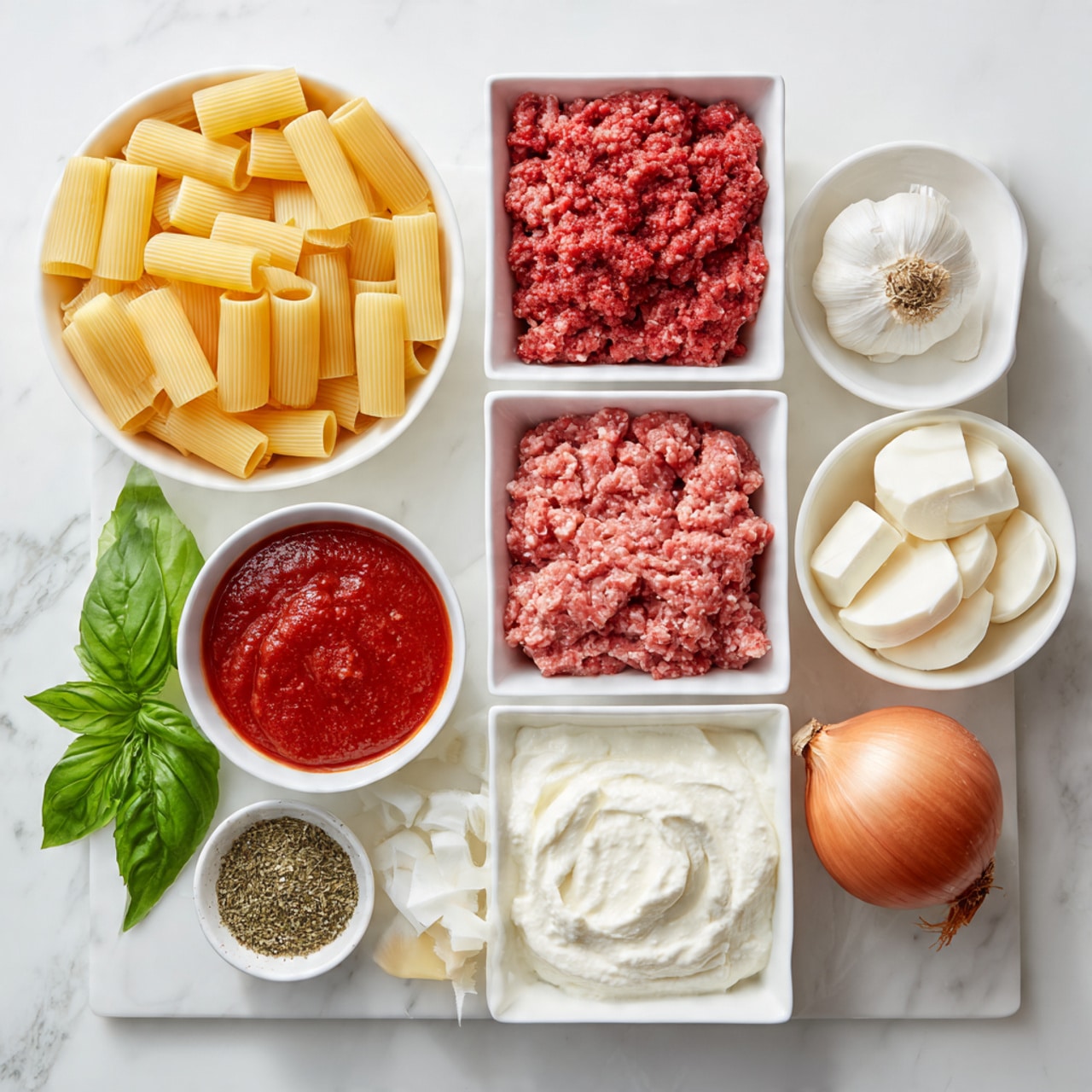 The image shows several white square and round bowls arranged neatly on a white marbled surface. One bowl contains uncooked rigatoni pasta, which is pale yellow and tube-shaped. Two rectangular white containers hold ground meats—one red and finely textured, the other lighter pink with some white fat mixed in. A small white bowl has a thick red tomato sauce, while another holds a chunky red pepper sauce. A larger white bowl is filled with creamy white ricotta cheese. Fresh green basil leaves and thick white mozzarella cheese slices are placed next to an onion and a garlic bulb, both unpeeled. A small white bowl contains a mix of dried herbs. The ingredients are arranged in a clean, organized way, ready for cooking. Photo taken with an iphone --ar 4:5 --v 7