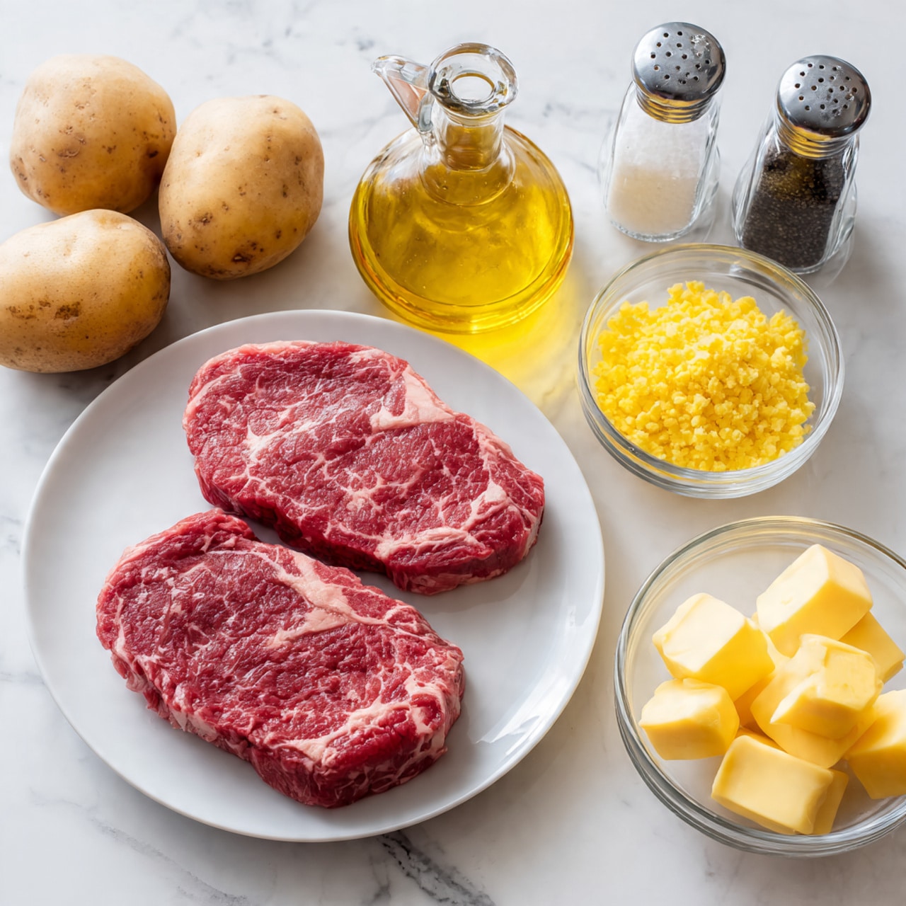 The image shows two raw red steaks with marbled fat veins sitting on a white plate. Next to the plate, there are two light brown potatoes. Above the potatoes, there is a glass bottle filled with golden yellow oil with a silver spout. In the middle of the image, there are two small clear glass bowls, one containing yellow minced garlic and the other with two light yellow cubes of butter. On the right side of the image, there are salt and pepper grinders in black and clear containers. The entire scene is set on a white marbled surface. Photo taken with an iphone --ar 4:5 --v 7