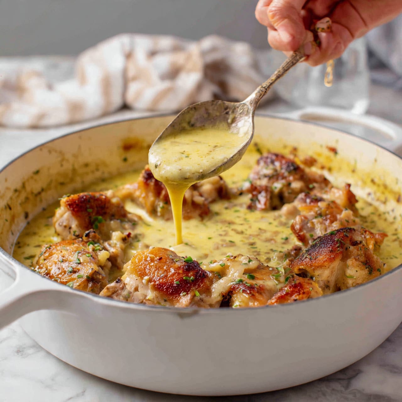 A white pan filled with golden brown cooked chicken pieces in a creamy light yellow sauce with herbs, showing some browned spots on the top layer. A silver spoon is placed in the pan, scooping the sauce, while a woman's hand holds the handle. The pan sits on a white marbled surface with a blurred background showing a glass and some cloth. photo taken with an iphone --ar 4:5 --v 7