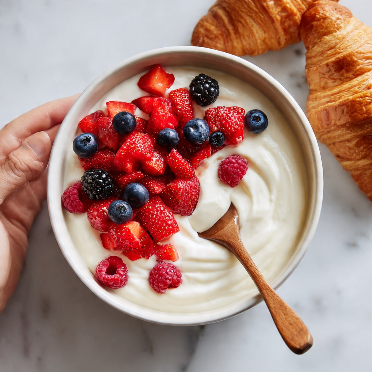 A white bowl on a white marbled surface holds a creamy, smooth yogurt base. On top, there is a layer of small, bright red diced strawberries covering most of the yogurt. Among the strawberries, whole dark blue blueberries and a few whole red raspberries are scattered, adding pops of color. A woman's hand holding a wooden spoon is about to scoop from the bowl. Two golden brown croissants rest blurred in the background. Photo taken with an iphone --ar 4:5 --v 7