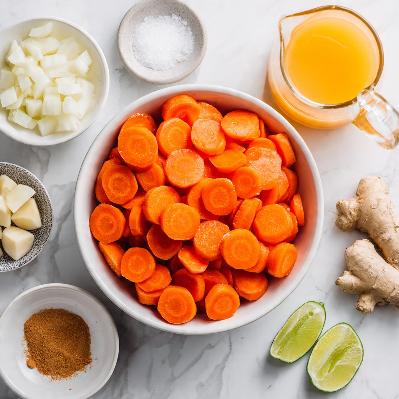 A white bowl filled with round sliced bright orange carrots sits on a white marbled surface. Surrounding it are several small white bowls: one with cubed white onions, one with peeled garlic cloves, one with a small block of light brown ginger, and one with a small pile of ground brown spices. There is also a clear glass pitcher filled with light orange juice, a small bowl with coarse white salt, and two halves of pale green limes. The arrangement is neat and colorful with a soft natural light. photo taken with an iphone --ar 4:5 --v 7