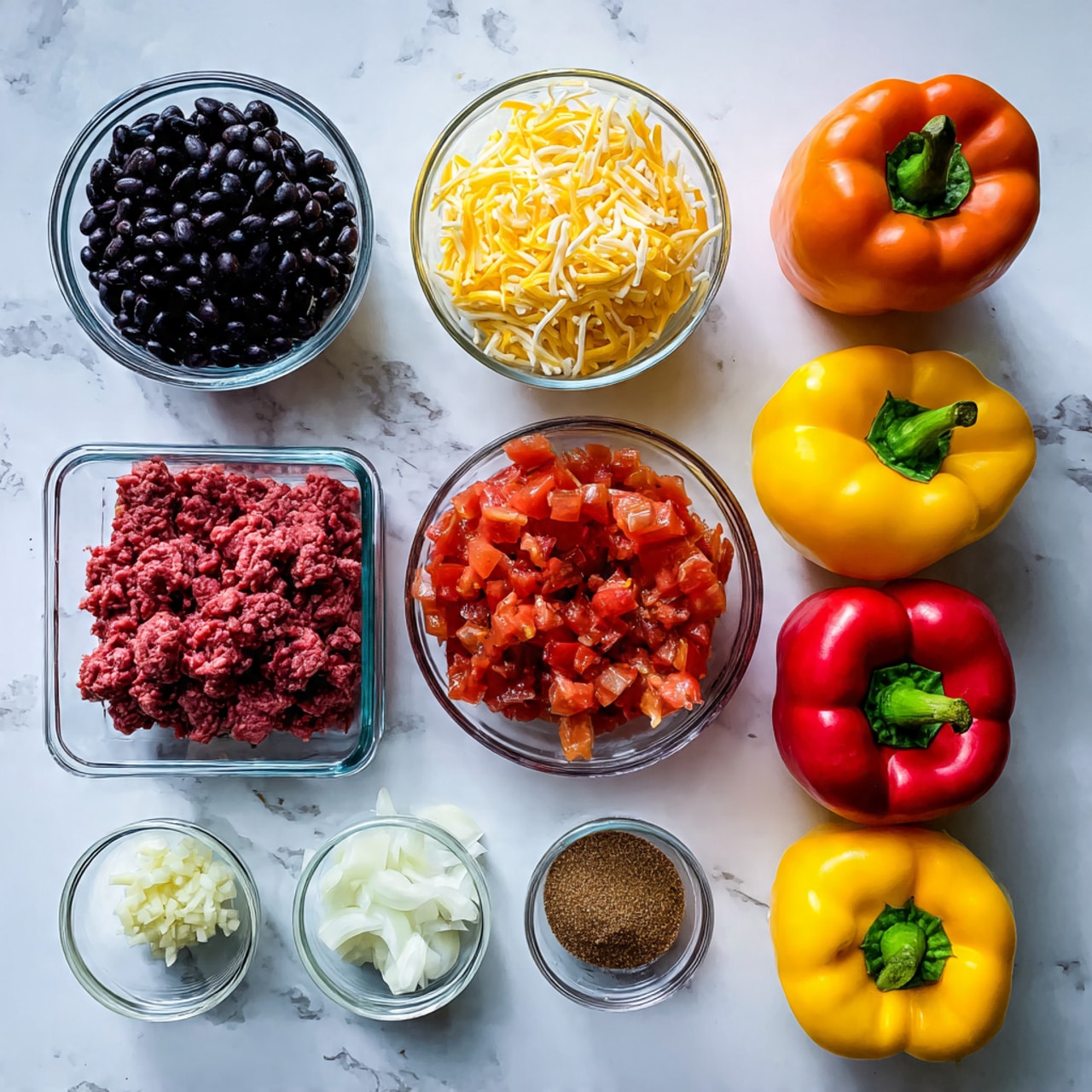 The image shows nine clear glass bowls and containers arranged on a white marbled surface. At the top left is a bowl filled with black beans, next to it on the right is a bowl full of shredded yellow cheese. Below the black beans is a bowl of diced red tomatoes with juice, and beside it in the middle is a rectangular container with raw ground beef that is red with a textured surface. Below the tomatoes is an empty small bowl, next to it a small bowl with chopped white onions. Below that are two small bowls: the left one has minced garlic, and the right one contains brown taco seasoning powder. On the right side of the image are four bell peppers, two yellow and two red, placed in a square shape with green stems facing upward. photo taken with an iphone --ar 4:5 --v 7