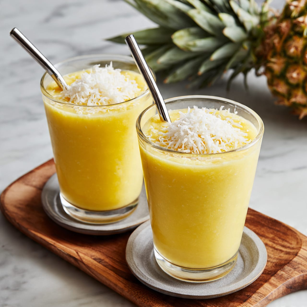 Two clear glasses filled with thick yellow smoothie topped with white shredded coconut. Each glass has a shiny silver metal straw inside. The glasses sit on round gray saucers placed on a wooden board with natural grain. A whole pineapple with green leaves is blurred in the background. The scene is set on a white marbled surface. Photo taken with an iphone --ar 4:5 --v 7