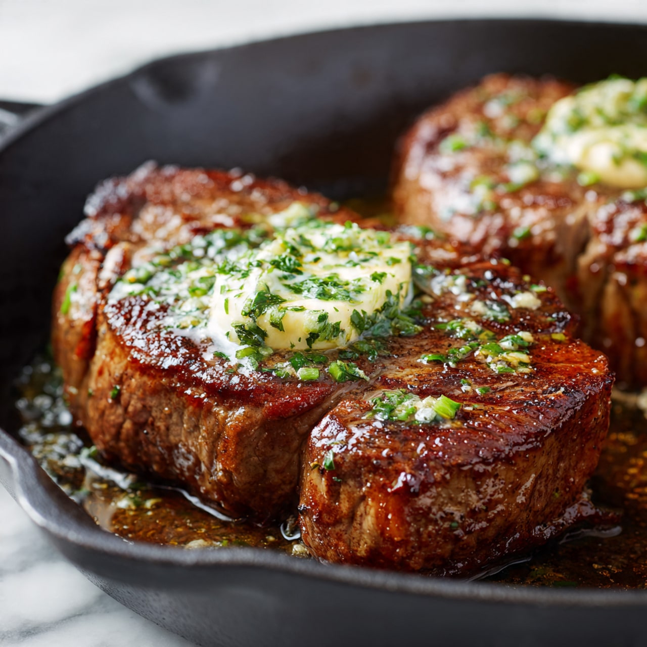 A close-up view of two thick steaks cooking in a black cast-iron pan filled with rich brown juices. The front steak is topped with a melting dollop of white butter and sprinkled with small green herb pieces, adding a fresh color contrast. The steak’s surface looks textured with a crispy brown sear and slight grill marks. The background shows part of the second steak, out of focus, while the entire scene rests on a white marbled texture. Photo taken with an iphone --ar 4:5 --v 7