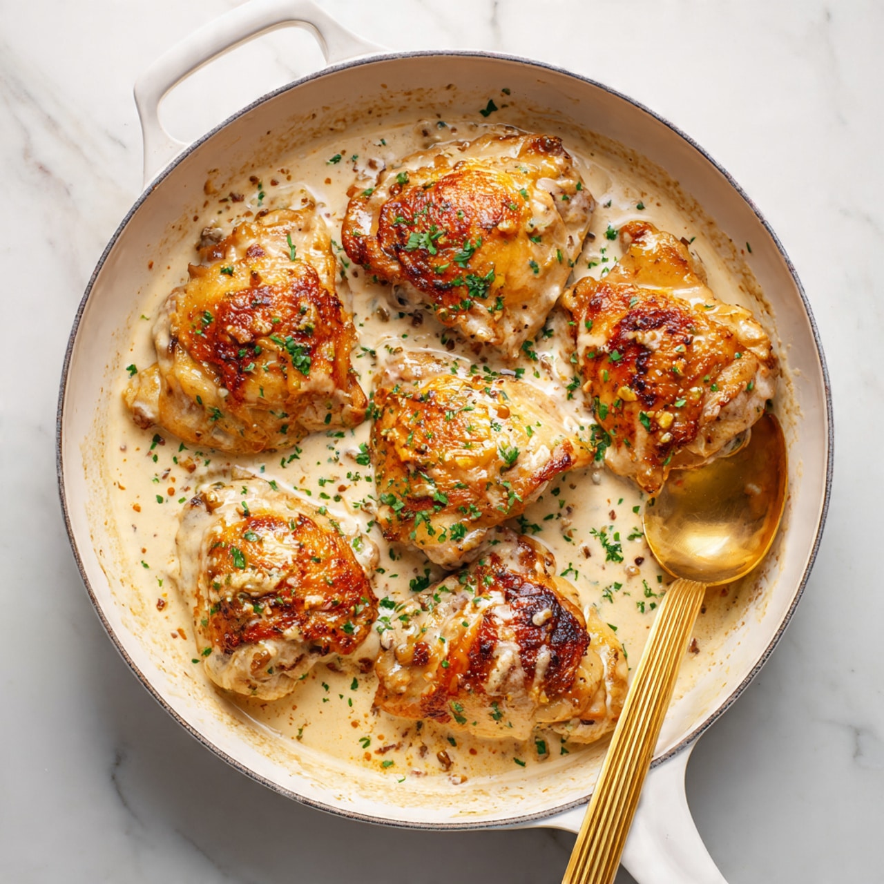 The image shows a white pan with five pieces of cooked chicken covered in a creamy sauce. The sauce is light beige with small green herbs sprinkled on top. The chicken pieces are golden brown and crispy on the outside. A gold spoon rests inside the pan on the right side, partially covered by the sauce. The pan is on a white marbled surface. photo taken with an iphone --ar 4:5 --v 7