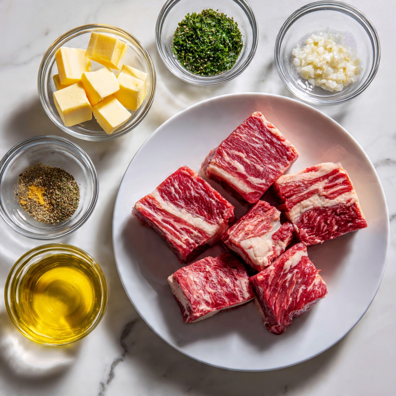 A white plate holds three large pieces of raw red meat with white fat streaks. Surrounding the plate are seven small clear bowls arranged in a loose circle, each containing different ingredients: a bowl with yellow butter cubes, a bowl with finely chopped green herbs, a bowl with minced garlic, a bowl with mixed green herbs or spices, a bowl with coarse salt and pepper, and a bowl with a yellow liquid, likely oil or melted butter. All items rest on a white marbled surface. photo taken with an iphone --ar 4:5 --v 7