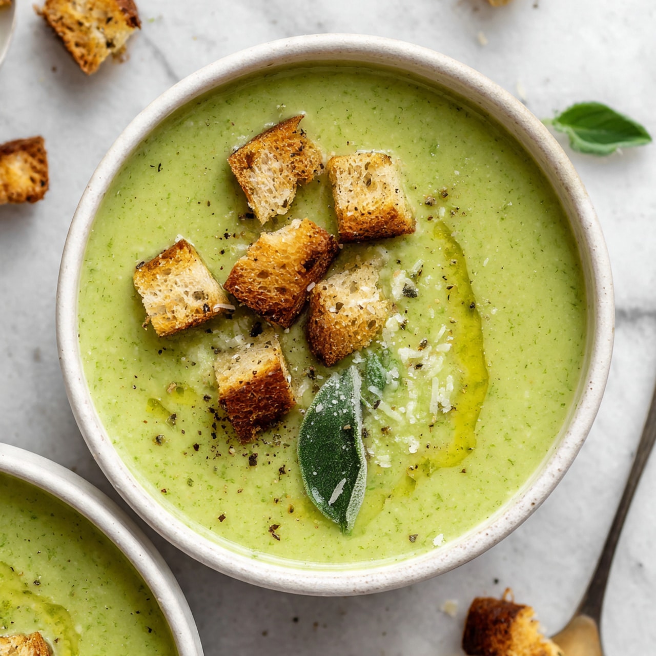 The image shows a white bowl filled with creamy green soup, topped with small golden brown croutons on one side and a small green herb leaf in the center. There is a drizzle of light olive oil and some small grated pieces, possibly cheese, on top of the soup. The bowl is placed on a white marbled surface, and a second similar bowl filled with soup and croutons is partially visible below it. photo taken with an iphone --ar 4:5 --v 7