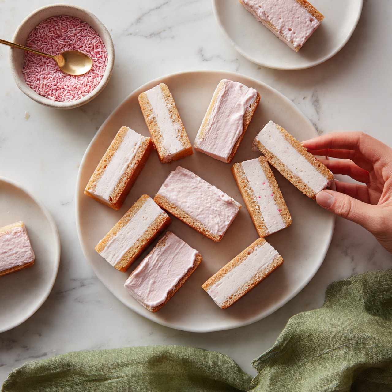 The image shows a white plate filled with small rectangular frosted cake pieces arranged in a slightly scattered way on a white marbled surface with a green cloth underneath. Each cake piece has two layers: the bottom layer is light brown and soft, while the top layer is a smooth, pale pink frosting. To the side, there is a small white bowl with pink sprinkles and a spoon inside, and a corner of a white plate with one frosted cake piece on it. A woman's hand is reaching from the left side toward the cakes. Photo taken with an iphone --ar 4:5 --v 7