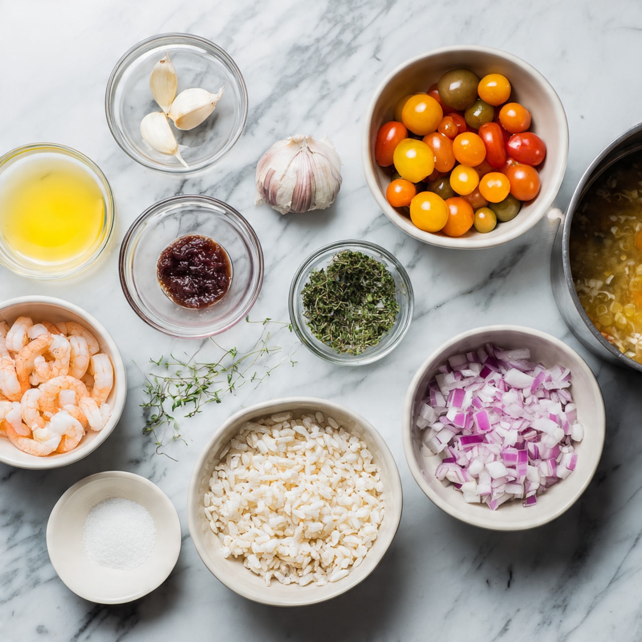 The image shows several white bowls arranged on a white marbled surface, each holding different cooking ingredients. At the center bottom is a large bowl filled with small, round, white grains, likely rice. To the right is a bowl with small pink and white pieces that look like shrimp. Above that is a bowl with a mix of halved small red and orange cherry tomatoes. Near the center top is a bowl with finely chopped green herbs, and above that is a small glass bowl with a deep red paste. To the left are two peeled cloves of garlic, and nearby are three small containers holding a light yellow liquid, a small pile of white salt, and a bowl with finely chopped white and purple onion. The top right corner has a metal pot with light-colored broth. photo taken with an iphone --ar 4:5 --v 7