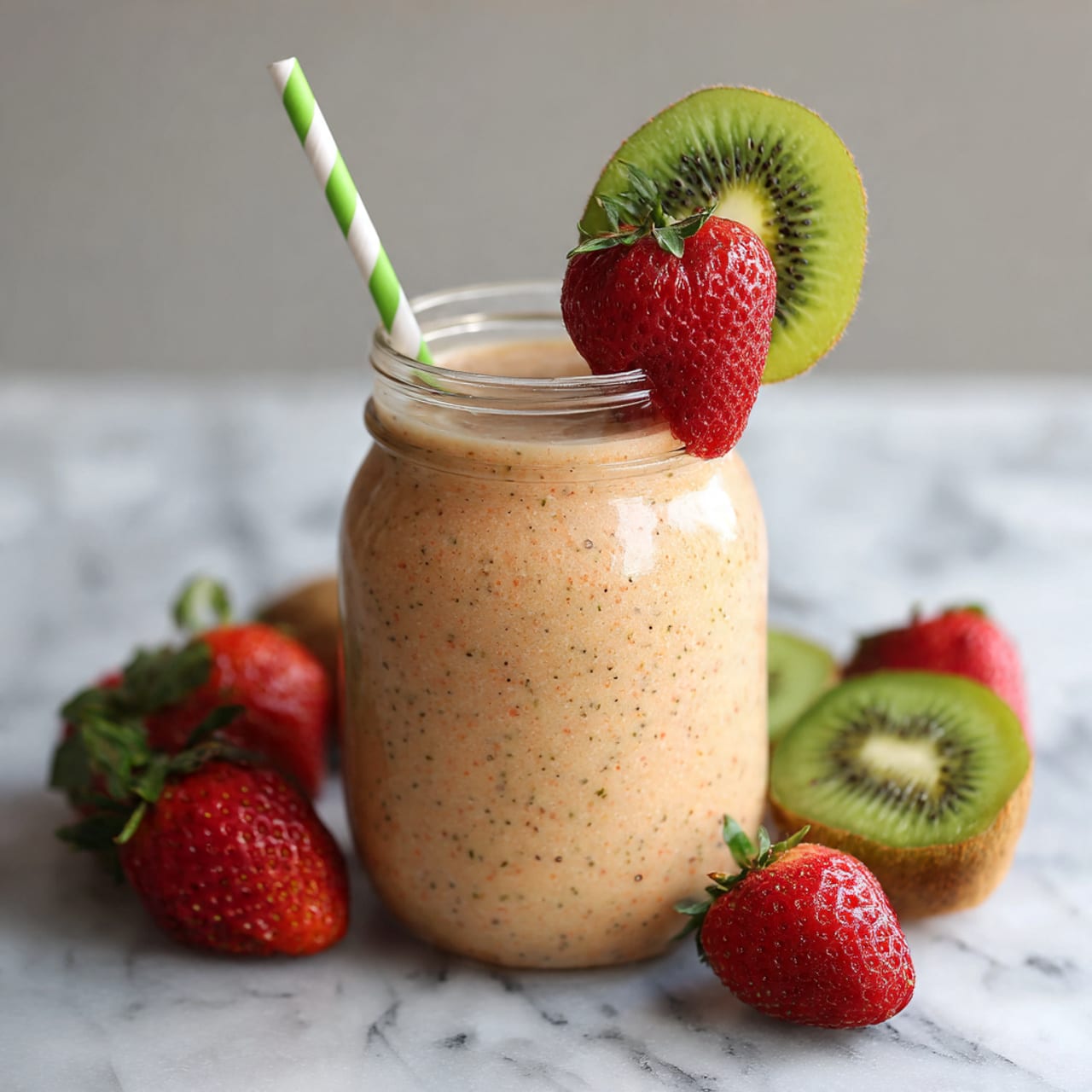 A creamy peach-colored smoothie with tiny dark specks is shown inside a clear glass jar filled nearly to the top. A green and white striped straw stands upright in the jar. On the edge of the jar's mouth, a fresh, red strawberry with green leaves and a green kiwi slice with a light center and seeds are placed side by side. Around the jar on a white marbled surface, there are whole strawberries and halved kiwis scattered. The lighting is bright and soft. photo taken with an iphone --ar 4:5 --v 7