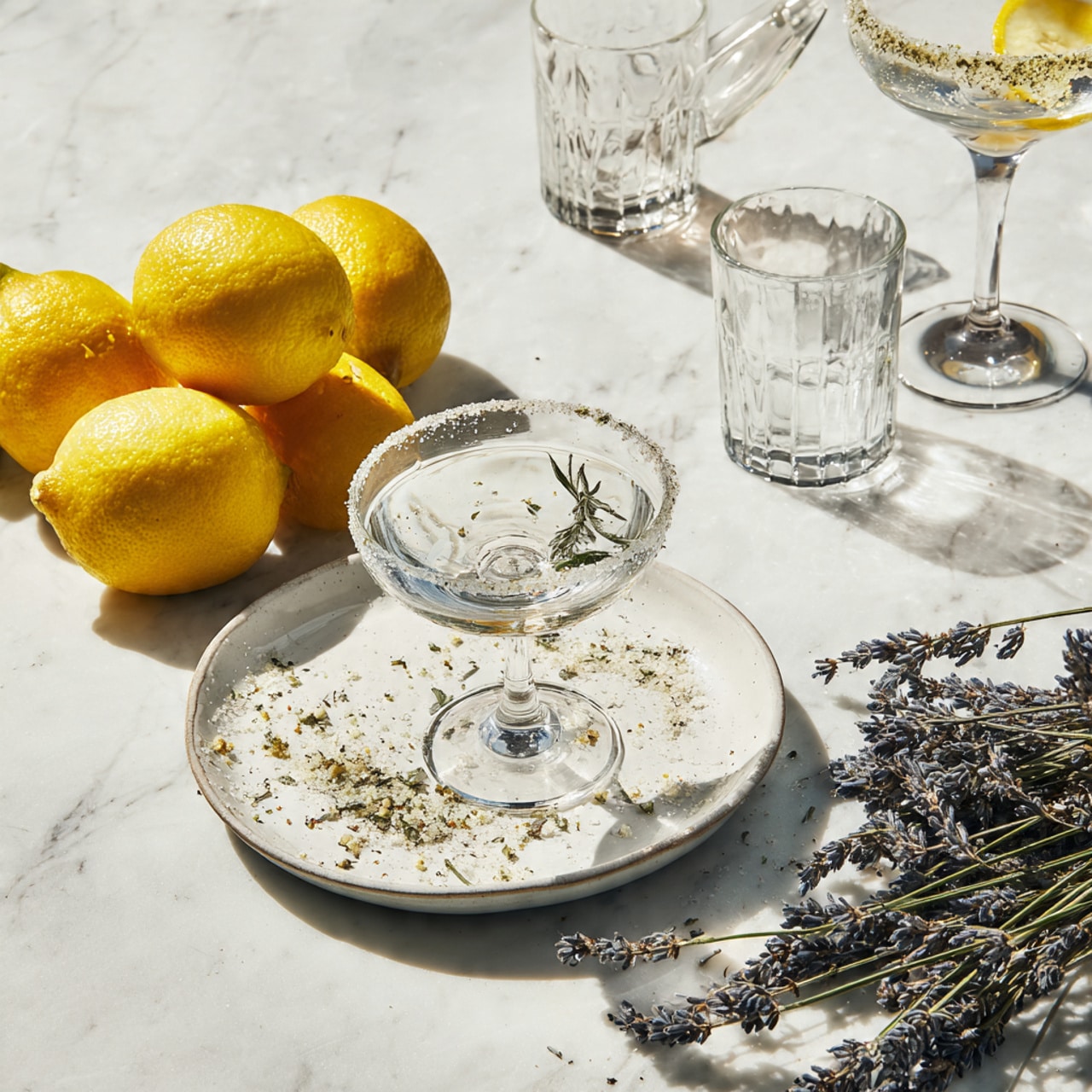 The image shows a white plate filled with coarse, sandy-textured salt mixed with herbs, with a clear martini glass placed upside down in the center, its rim coated with the salty mixture. Behind the plate are three bright yellow lemons and a clear glass lemon squeezer on the white marbled surface. Two clear cocktail glasses stand upright nearby; one has a lemon wedge on its rim, and the other is rimmed with the same coarse salt and herbs. To the right of the plate, a small bunch of dark purple lavender flowers with green stems lies on the white marbled surface. The light is soft and natural, casting gentle shadows around the objects. Photo taken with an iphone --ar 4:5 --v 7