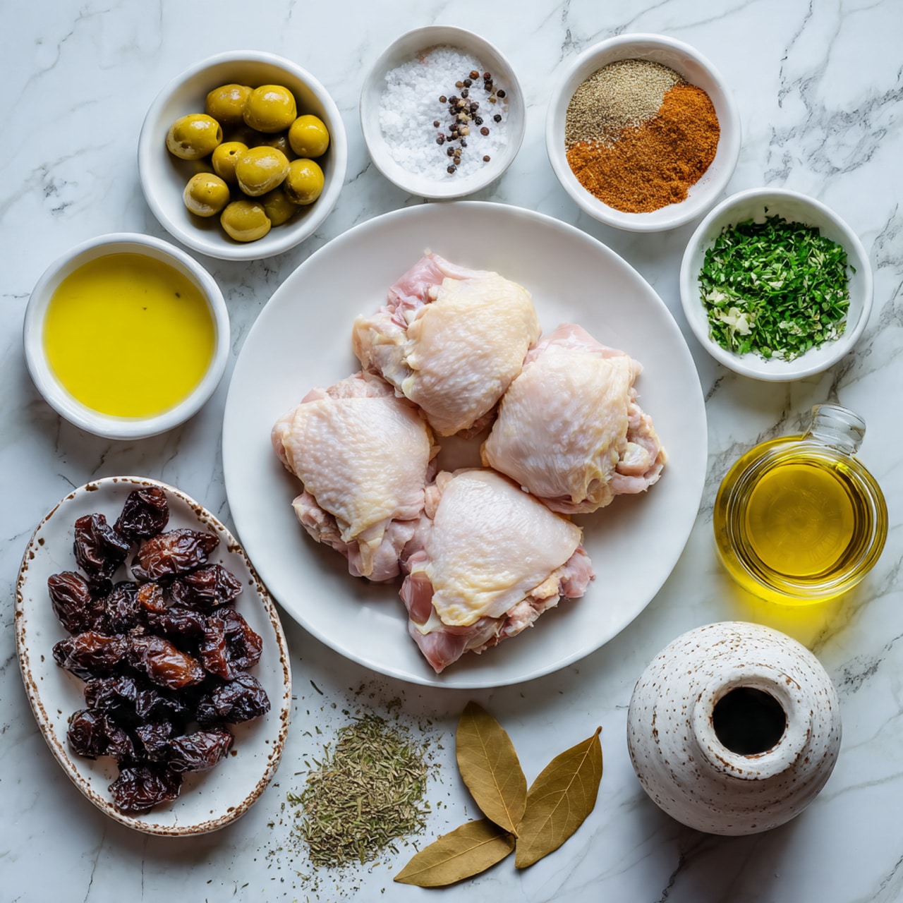 An overhead view of many small white bowls and a glass measuring cup placed on a white marbled surface. The bowls contain sliced brown mushrooms, grated parmesan cheese, black pepper, paprika, flour, an egg, salt, melted butter, chopped green herbs, and a cup of panko breadcrumbs in a metal measuring cup. The glass measuring cups hold golden olive oil, dark soy sauce, and light brown chicken broth. On the right side, two raw chicken breasts rest on a white plate. The items are spread out evenly to show all ingredients clearly. Photo taken with an iphone --ar 4:5 --v 7