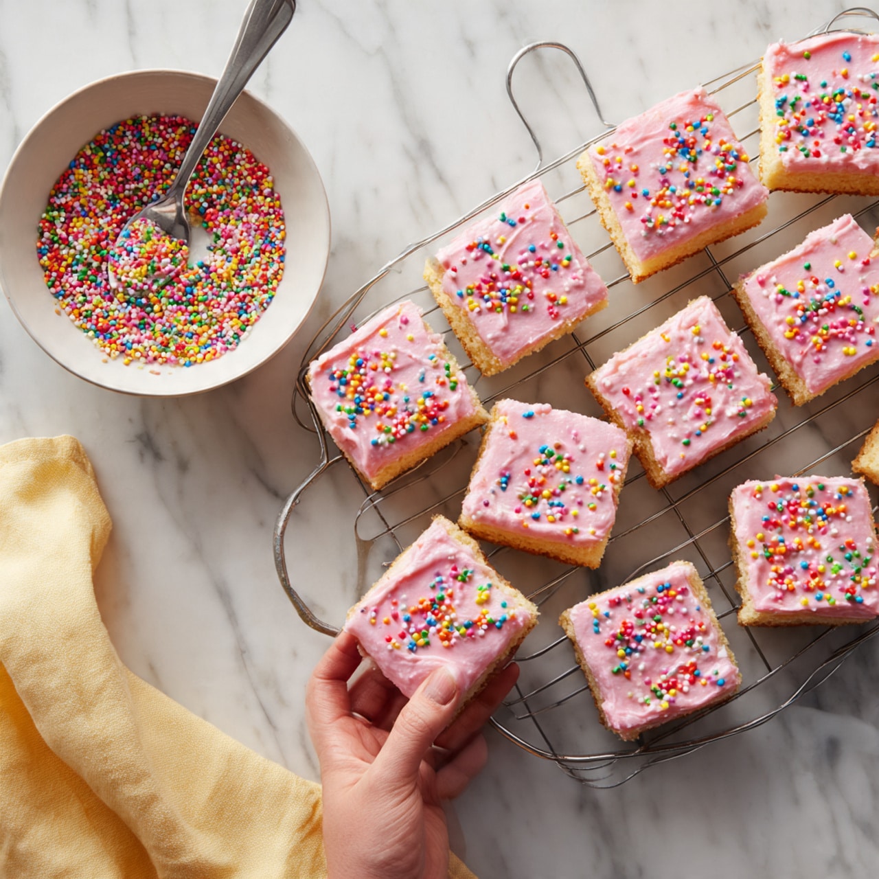 The image shows a group of square frosted pastries arranged closely on a wire rack over a white marbled surface. Each square has a base layer of light golden baked dough with a smooth, thick layer of soft pink frosting on top. The frosting is spread evenly and decorated with bright, colorful rainbow sprinkles scattered across all pieces. To the upper left, a white bowl filled with more rainbow sprinkles is partially visible, and a woman's hand is holding a silver spoon scooping some sprinkles from the bowl. A light yellow cloth is placed casually on the white marbled surface near the rack. photo taken with an iphone --ar 4:5 --v 7