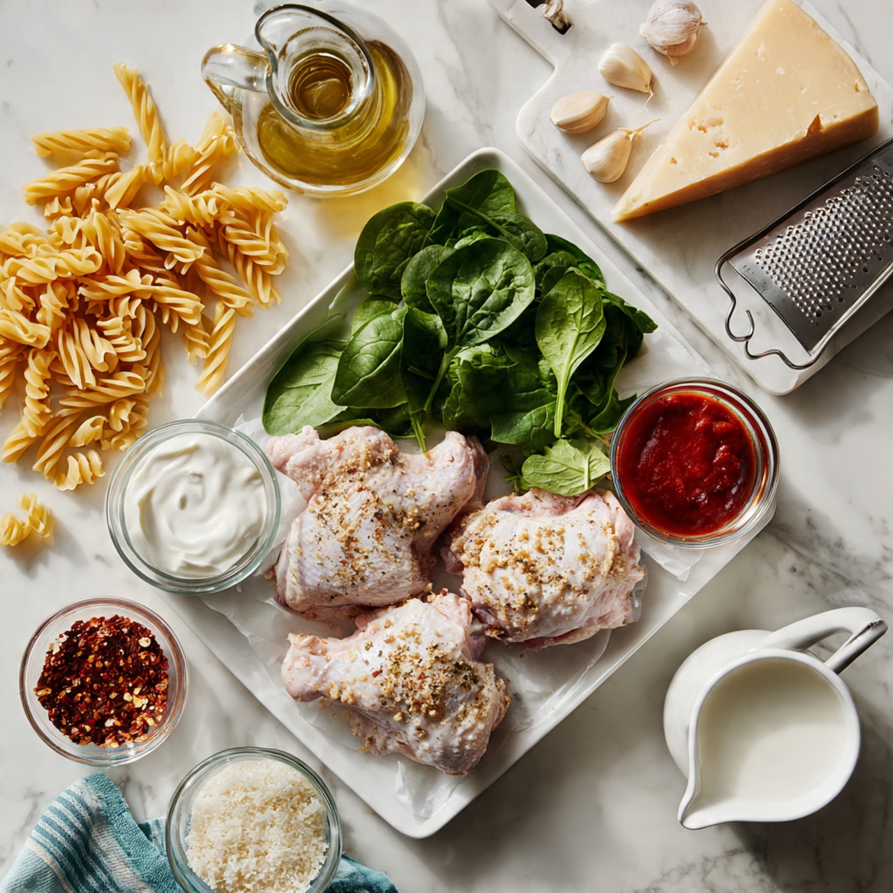 The image shows a white tray with four raw chicken pieces in the middle, surrounded by small glass bowls containing fresh green spinach leaves, white yogurt with a silver spoon, red spicy sauce, and dried red chili flakes. To the left side, there is dry pasta scattered next to its white and blue packet. Above the tray are cooking ingredients such as a glass oil bottle, a block of hard cheese on a small white cutting board with a grater, two garlic cloves, and a white measuring cup filled with milk. All items rest on a white marbled texture surface. Photo taken with an iphone --ar 4:5 --v 7